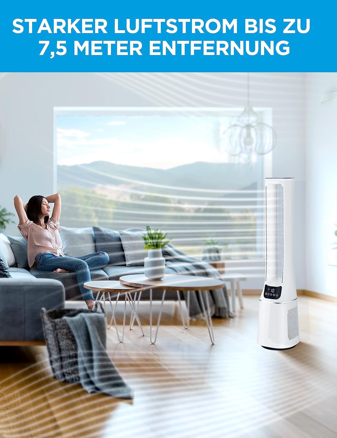 Midea MFP-120i (BL) 2 in 1 Turmventilator Leise 38dB Luftreiniger H13 True HEPA auf 47.6 ㎡ LED Display Fernbedienung Oszillation 12H Timer Kompatibel für Wireless Connection App Alexa Google