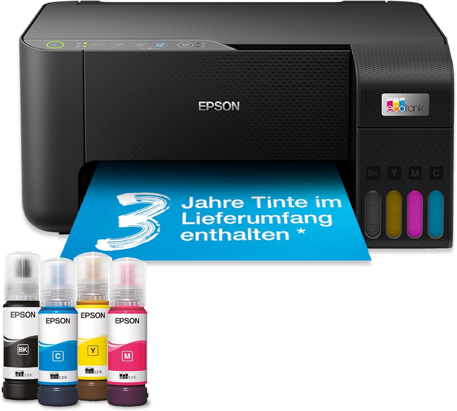 EcoTank ET-2862 Multifunktionsdrucker 3-in-1 A4, nachfüllbare Tanks, hohe Kapazität, 4 Flaschen enthalten 4500 Seiten B/N 7500 Seiten, Farbe, LCD-Display, USB, Wi-Fi/Direct beidseitig, Schwarz