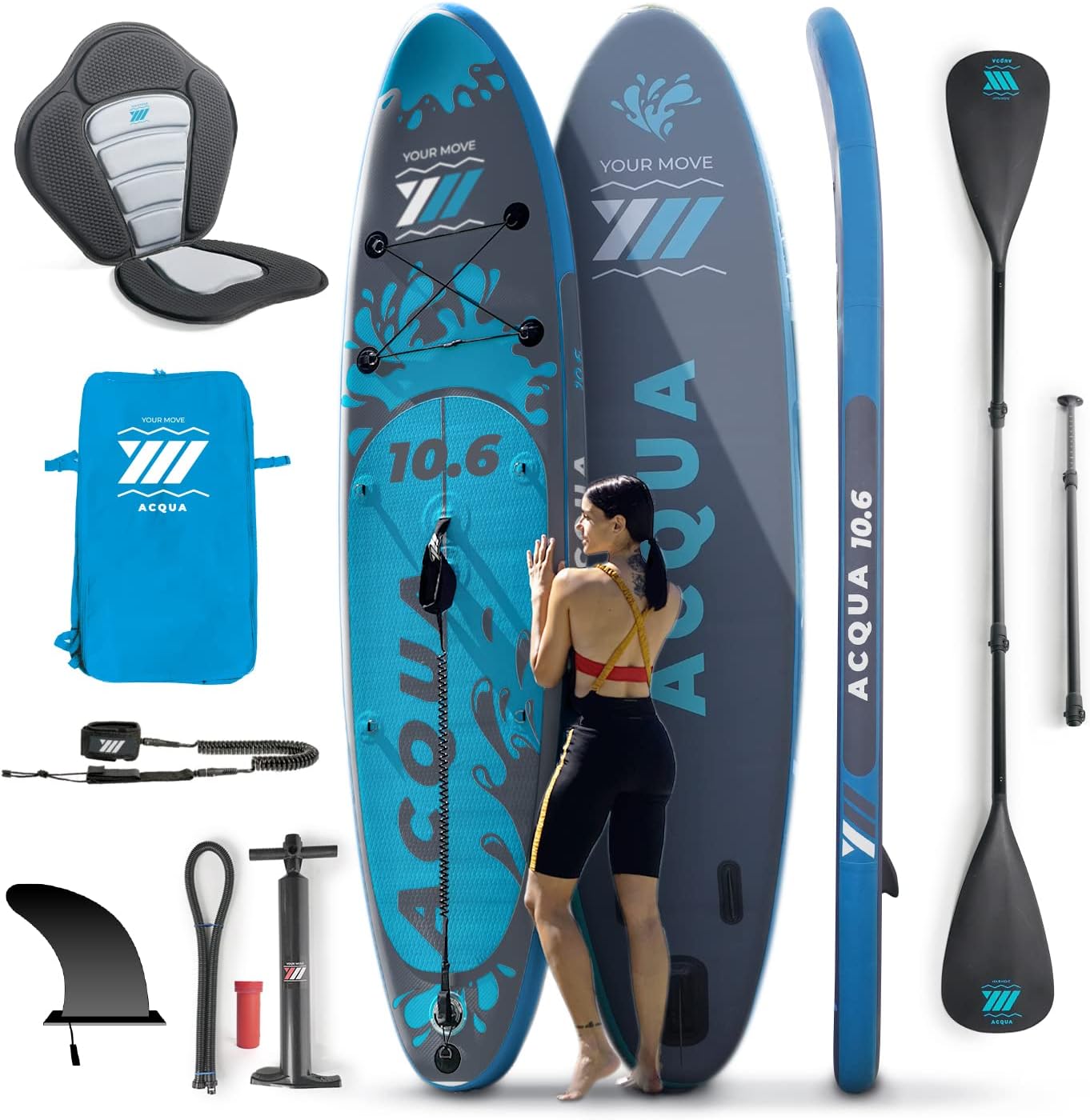YM SUP Gonfiabile Premium Stand Up Paddle, Tecnologia '3D Drop Stitch HD' + 'STL-Fusion', Marchio e Assistenza ITALIA, Anelli Zaino Viaggio Leash e Accessori Inclusi, Varie Versioni, Bianco o Grigio