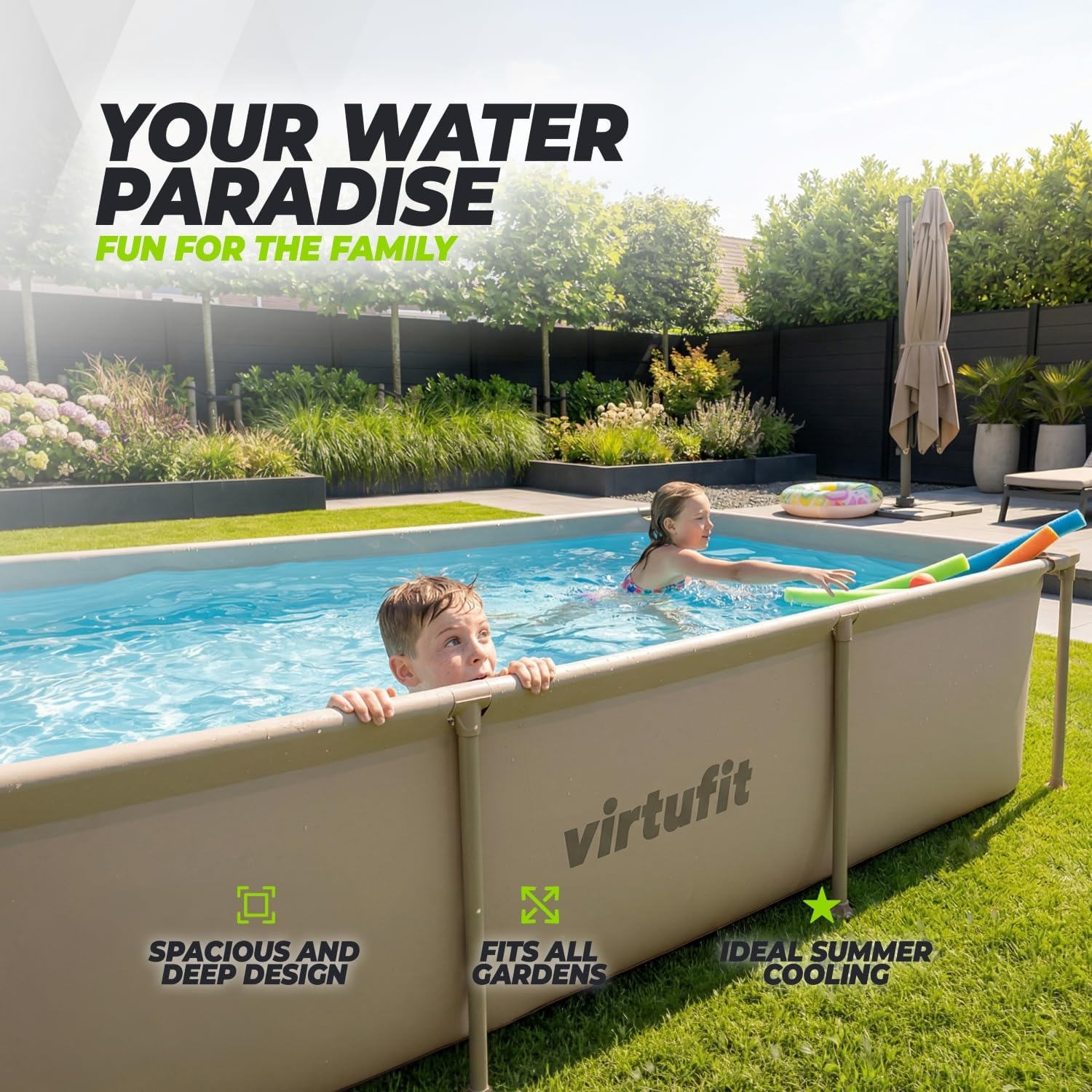 VirtuFit Piscina rectangular de 260 x 180 x 66 cm, color beige, ahorra espacio, marco estable, incluye bomba de filtro