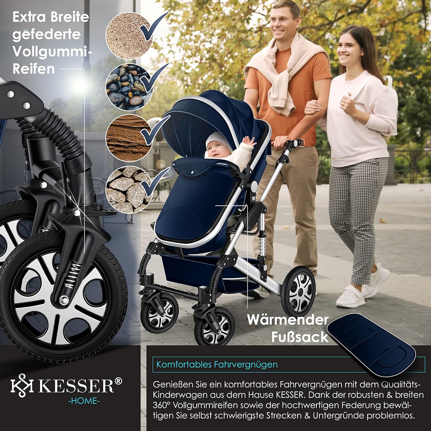 KESSER® Loops 3 in 1 Kinderwagen Kombikinderwagen Komplett-Set inkl. Babywanne & Buggy Sportsitz & Auto-Babyschale Voll-Gummireifen Wickeltasche Regenschutz Kindertisch ECE R129, Grau/Silber