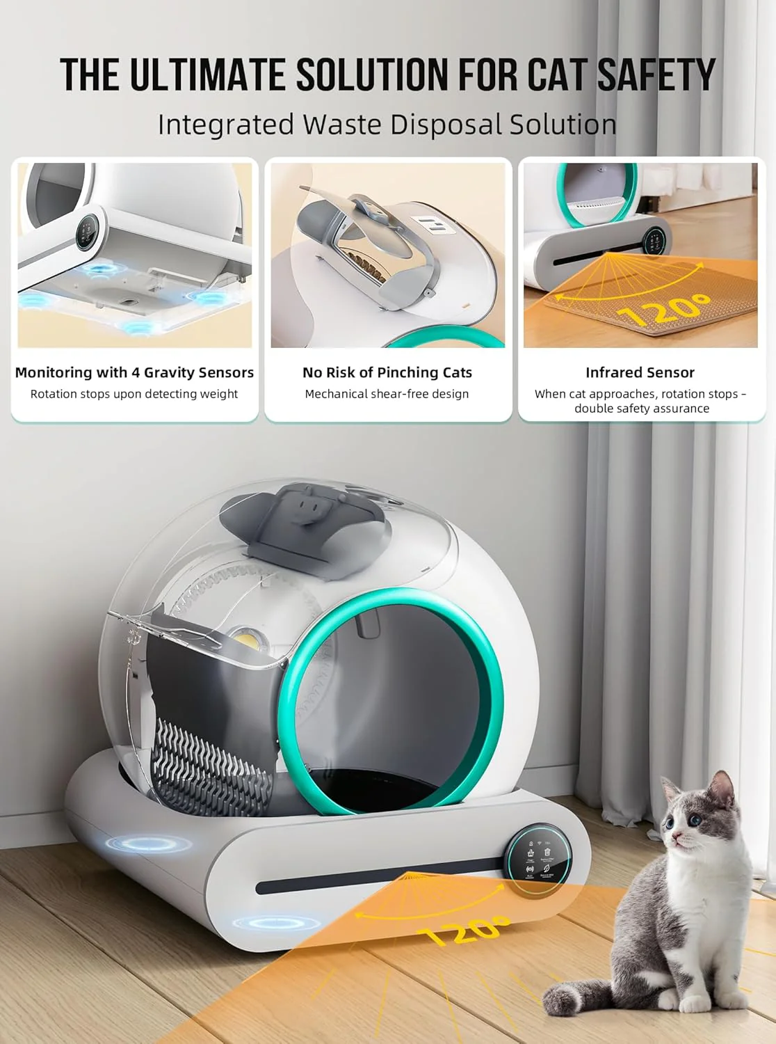 Selbstreinigende Katzentoilette, Automatische Katzentoilette mit Matte und Einlagen, 65 l + 9 l gro?e Kapazit?t, Selbstreinigende Katzentoilette, App-Steuerung/Geeignet f��r mehrere Katzen �C Grau