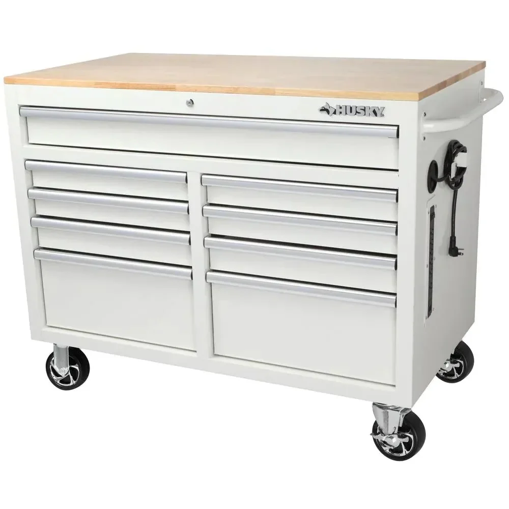 Mobile workbench with 9 drawers, hardwood top and power connection, 117 cm W x 62 cm D – high-gloss black