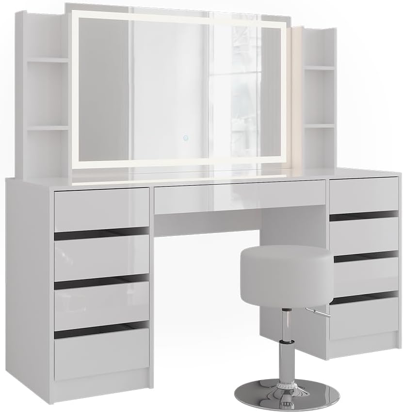 Vicco Schminktisch Sherry, Weiß/Weiß Hochglanz, 158.2 cm 5 Teile, mit LED-Beleuchtung und gepolsterter Sitzbank