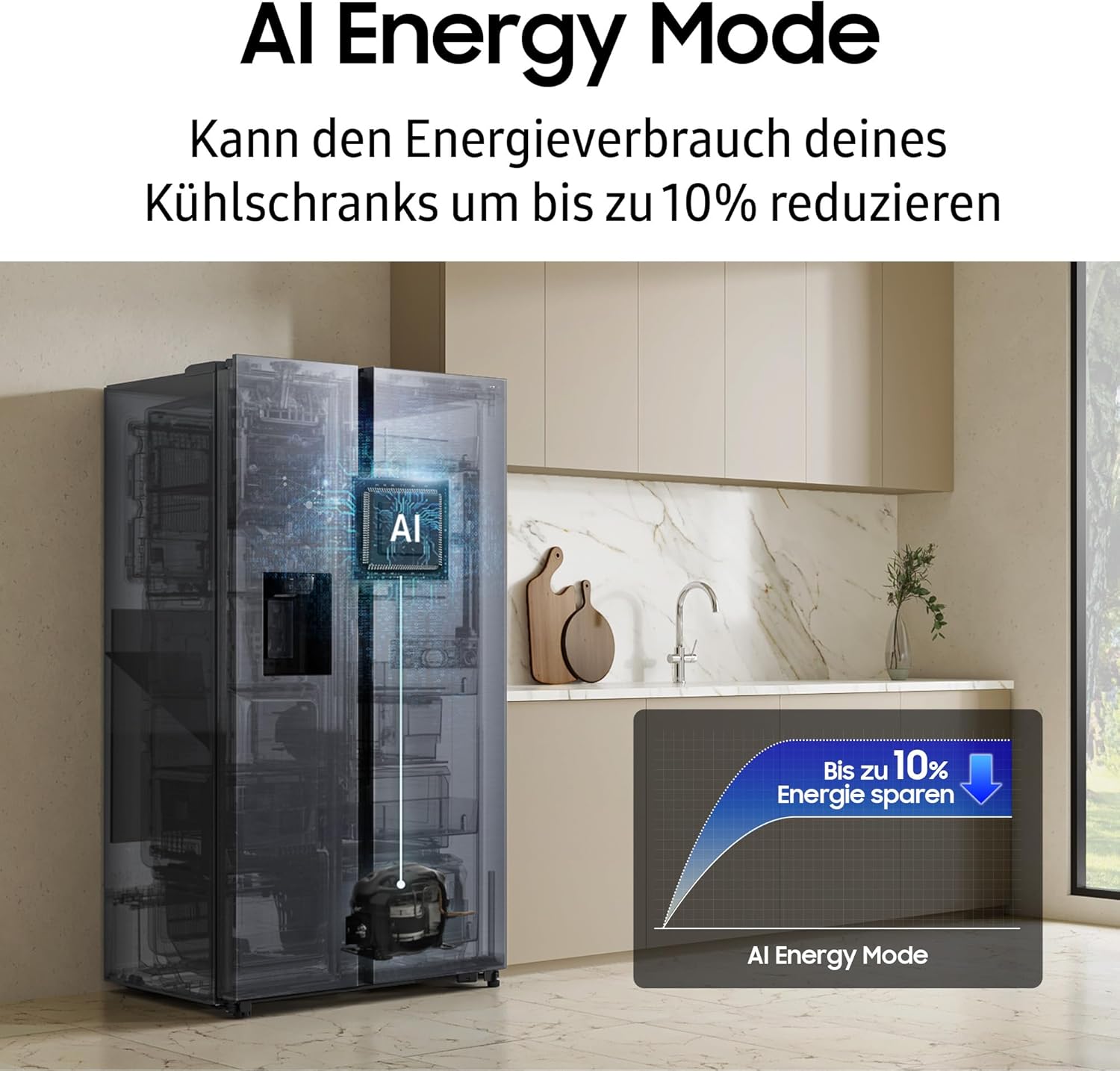 RS70F66KCTEF Side-by-Side Kühl-Gefrierkombination, AI Kühlschrank mit Gefrierfach, 178 cm, 634 l, Eis-/Wasserspender mit Festwasseranschluss, AI Energy Mode, Twin Cooling+, Edelstahl Look