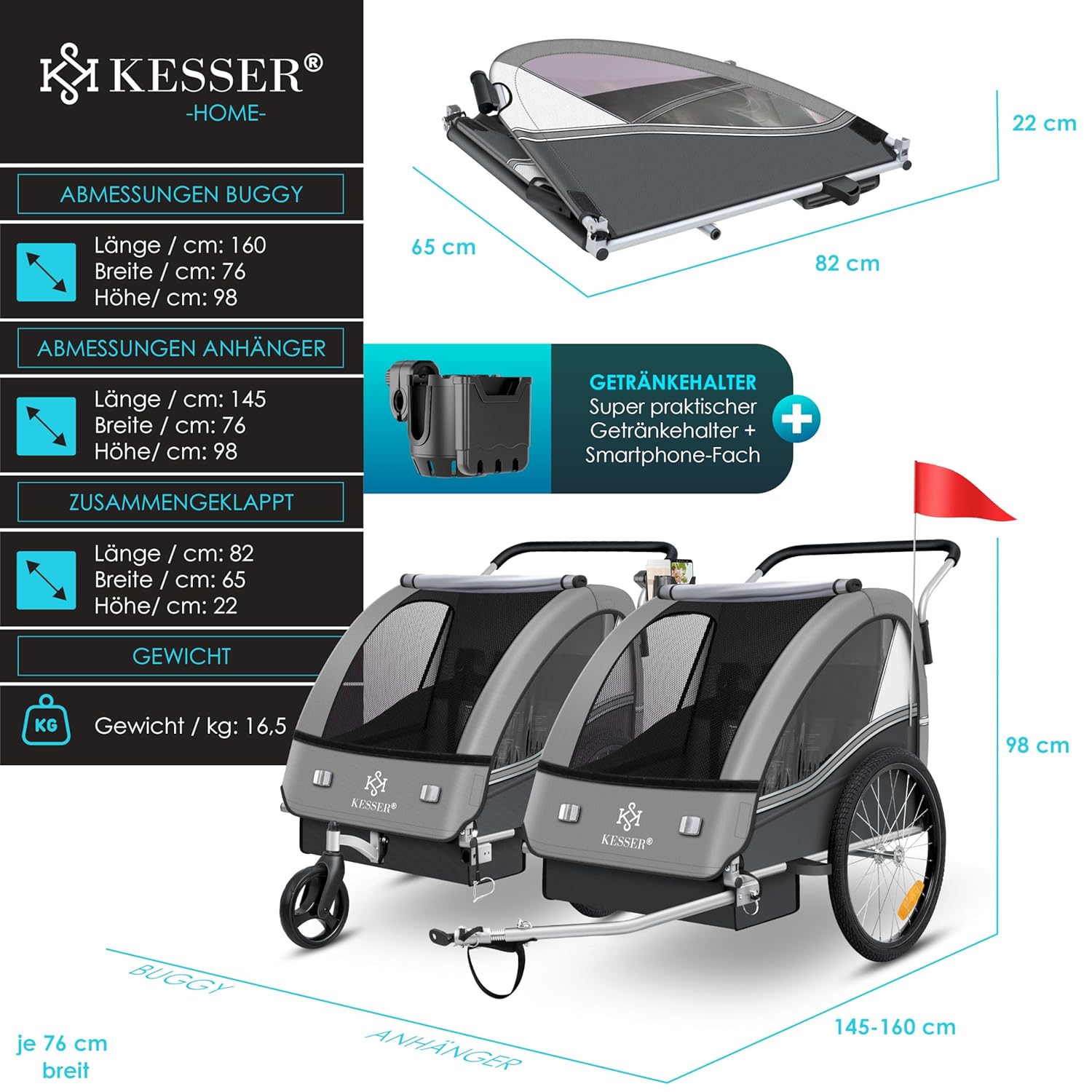 KESSER Kinderfahrradanhänger Sport-RX 2in1 Jogger & Buggy 5-Punkt-Gurt Sicherheitsgurt 360° Vorderrad Kinderfahrradanhänger Reflektoren für 1-2 Kinder (max. 40 kg) Getränkehalter & Smartphonefach