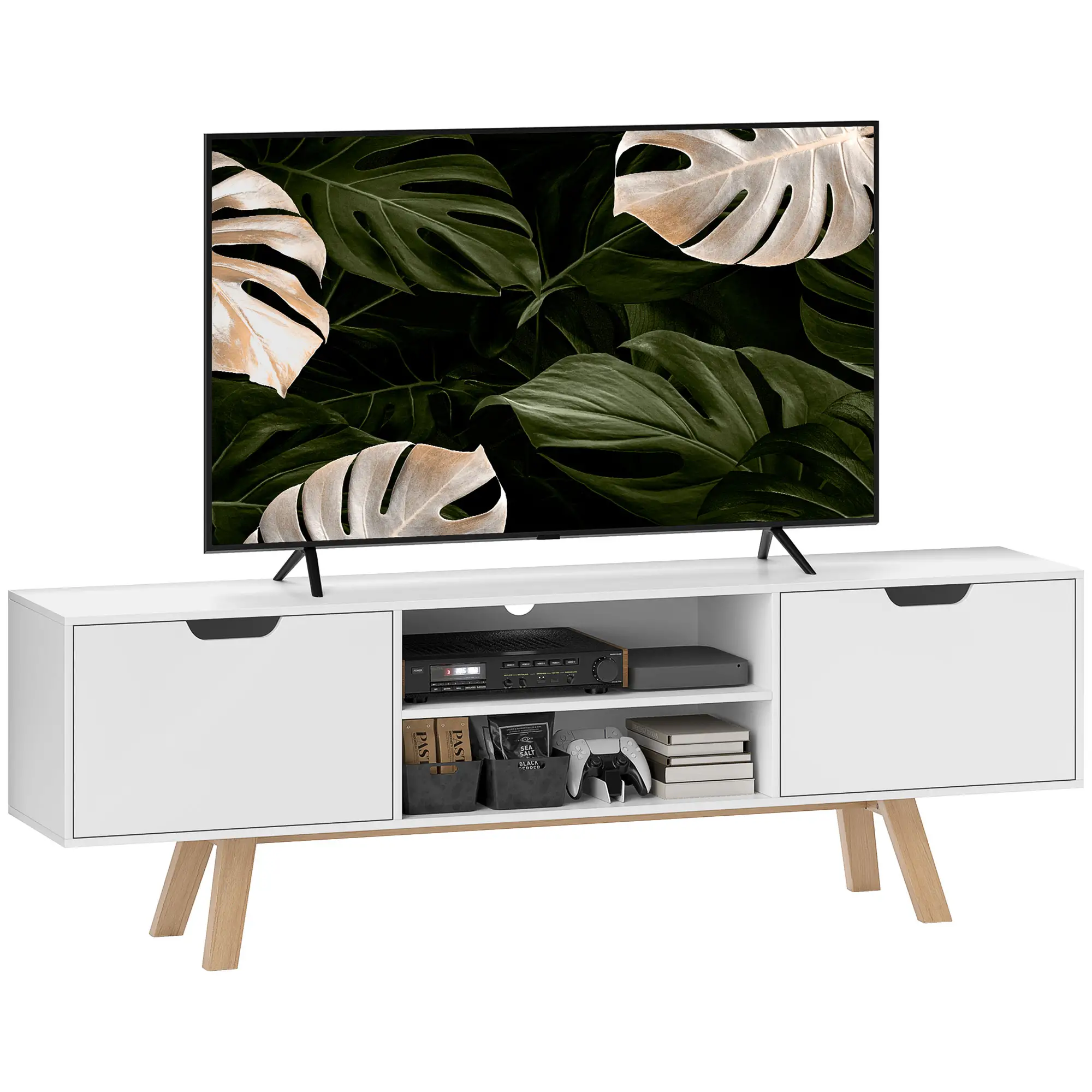 HOMCOM TV Lowboard 65 Zoll mit Kabelführung und 2 Schränken Weiß