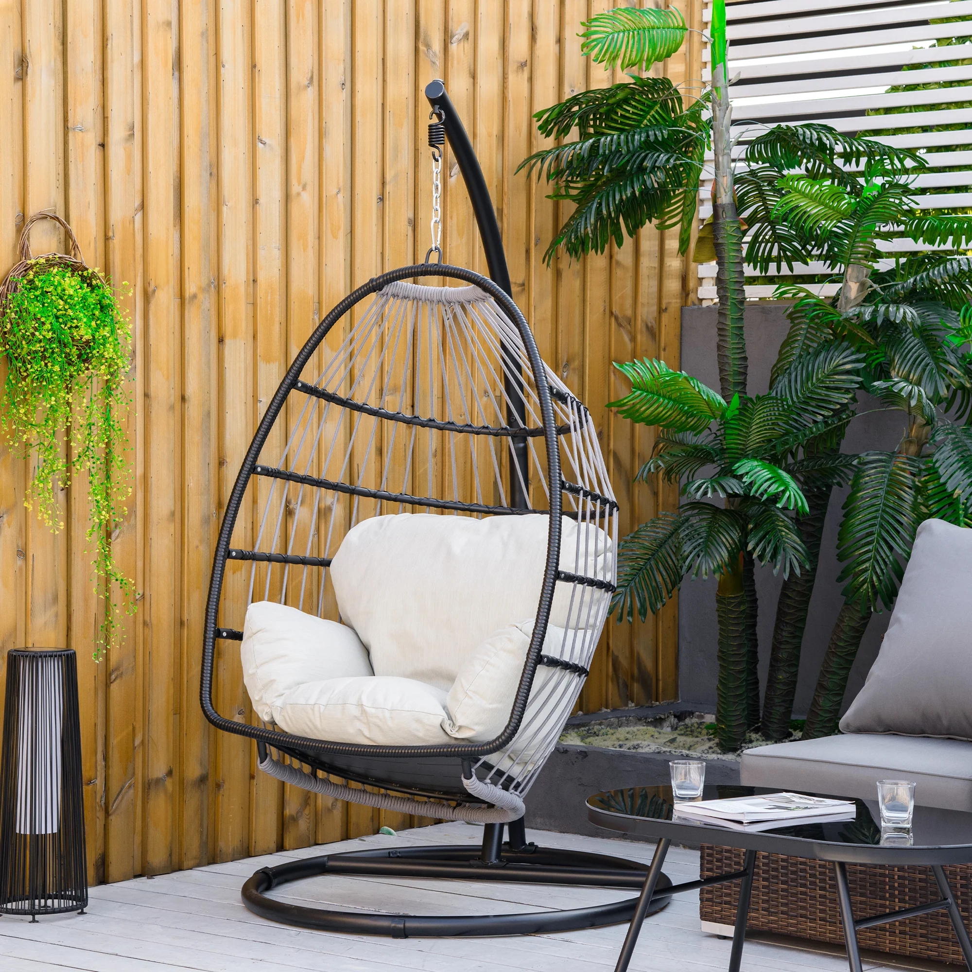 Outsunny hangstoel hangmand met frame hangende schommel hangstoel met kussenmand opvouwbaar metaal zwart + crème wit 101 x 101 x 188 cm