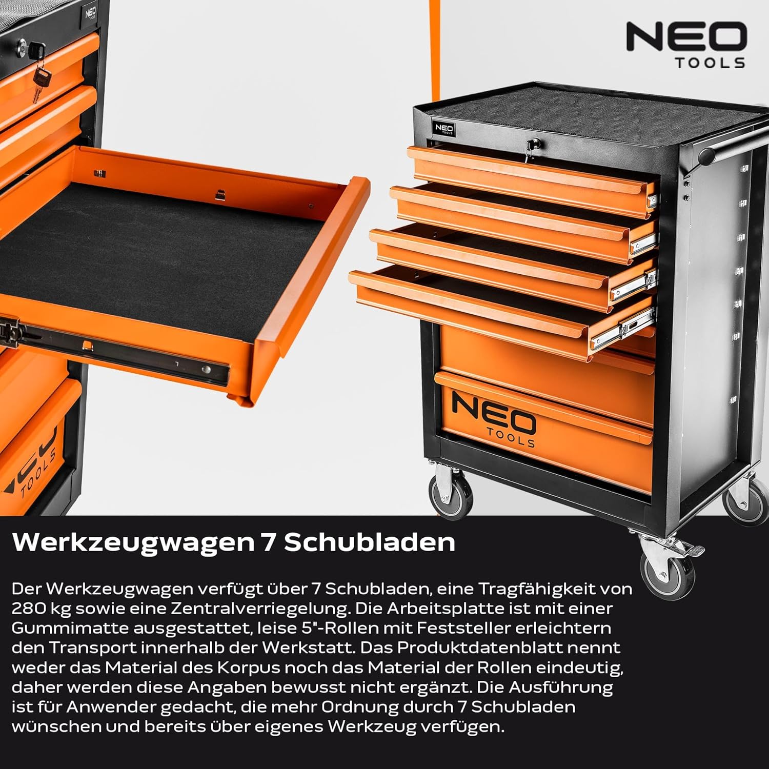 NEO TOOLS Werkzeugschrank 680x460x1030 mm, 7 Werkzeugschubladen, Belastbarkeit 280 kg, öl- und fettbeständiges Oberteil, Zentralverriegelung, Schubladenverriegelung, 5