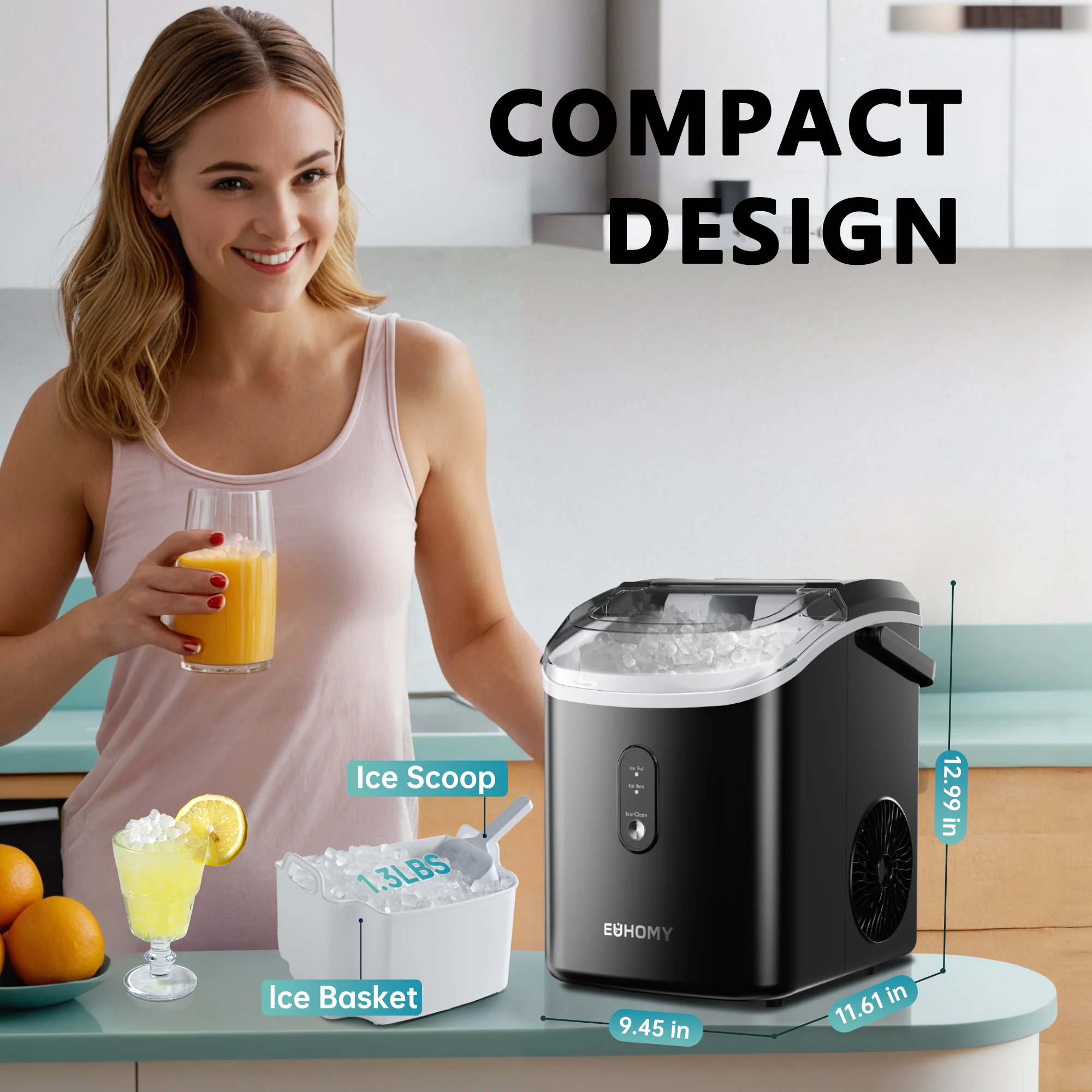 EUHOMY Auto-Cleaning 10'' Nugget Ice Countertop Ice Maker with Handle Including Cleaner Descaler