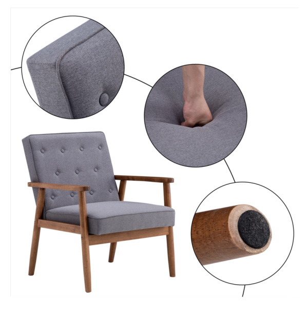 (75 x 69 x 84) cm Retro Modern Wooden Single Chair, Grey Fabric