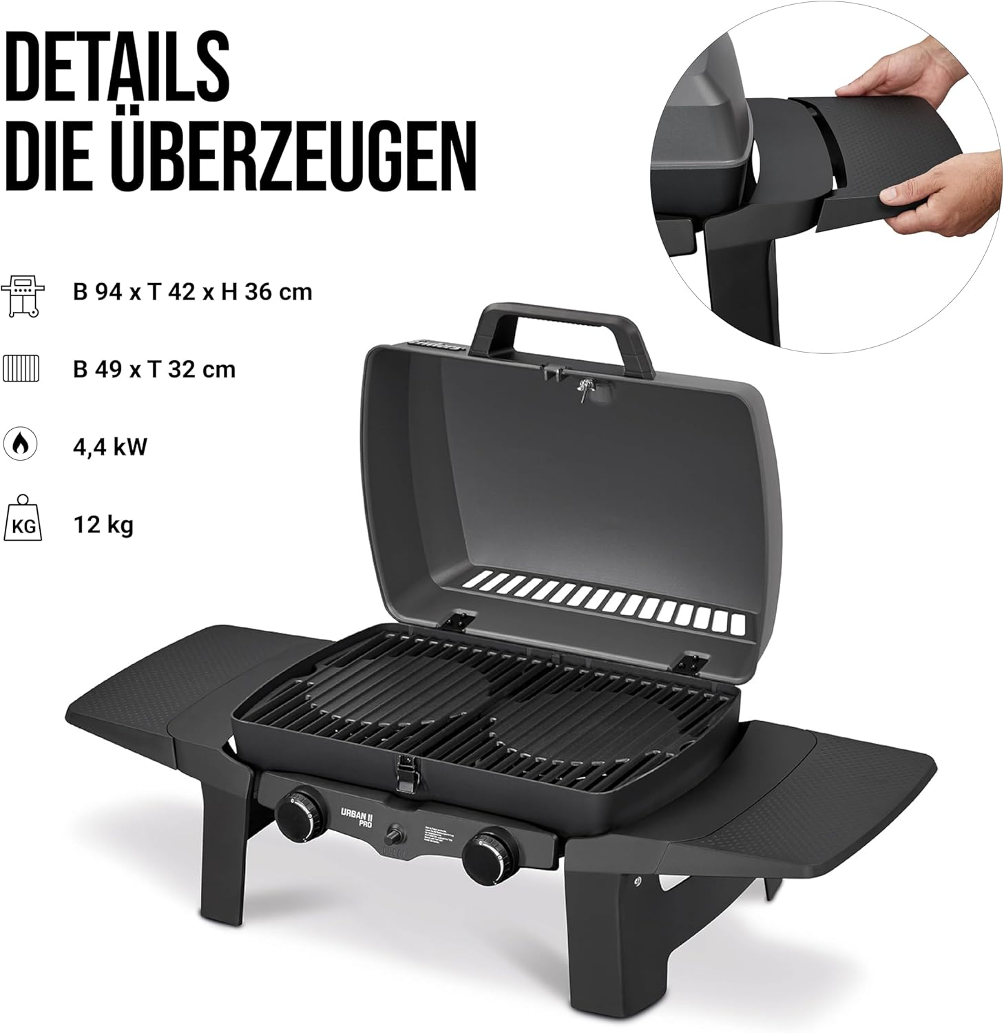 EndersGasgrill Urban II Pro, Tischgrill, Grillen-, Kochen- und Backen Funktion, 2 Brenner Edelstahl, mit Grill-Thermometer, Balkon-, Camping-Grill, Aluguss-Gehäuse, Gusseisen-Rost, #2062
