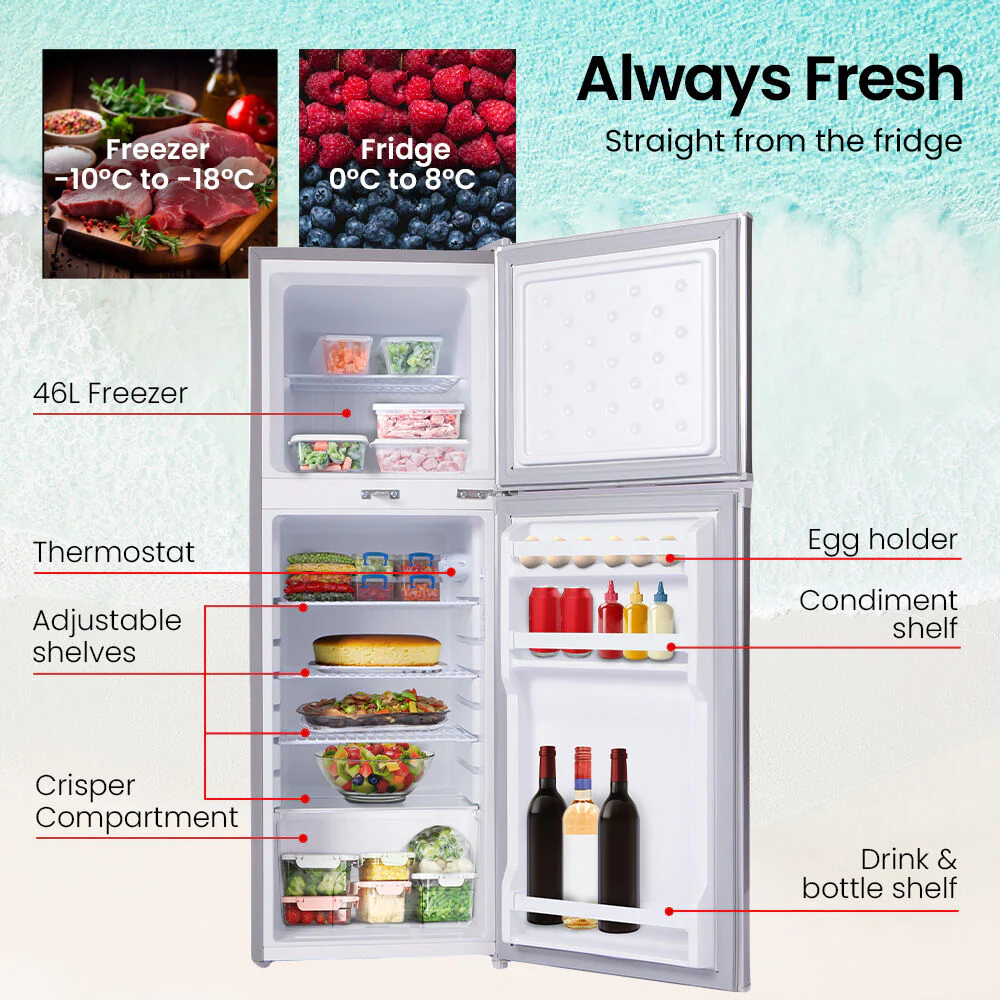 GECKO 142L Upright Portable Fridge / Freezer, 12V/24V/240V for Motorhome and Caravan, Silver