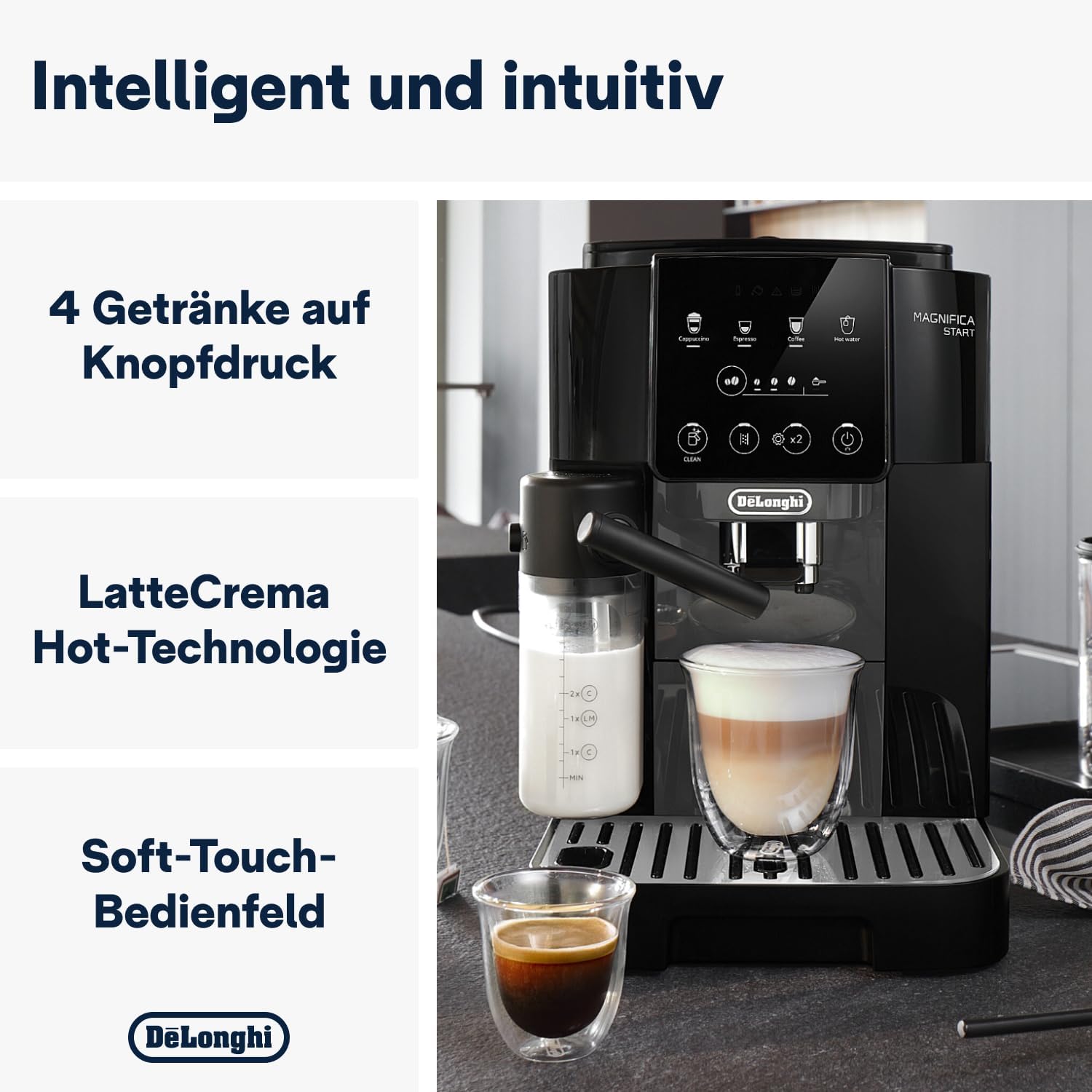 De'Longhi Magnifica Start ECAM222.60.BG, Kaffeevollautomat mit LatteCrema-Milchsystem für Automatischen Cappuccino, 4-Direktwahl-Tasten, Soft-Touch-Bedienfeld, x2-Funktion, 1450W, Schwarz/Grau