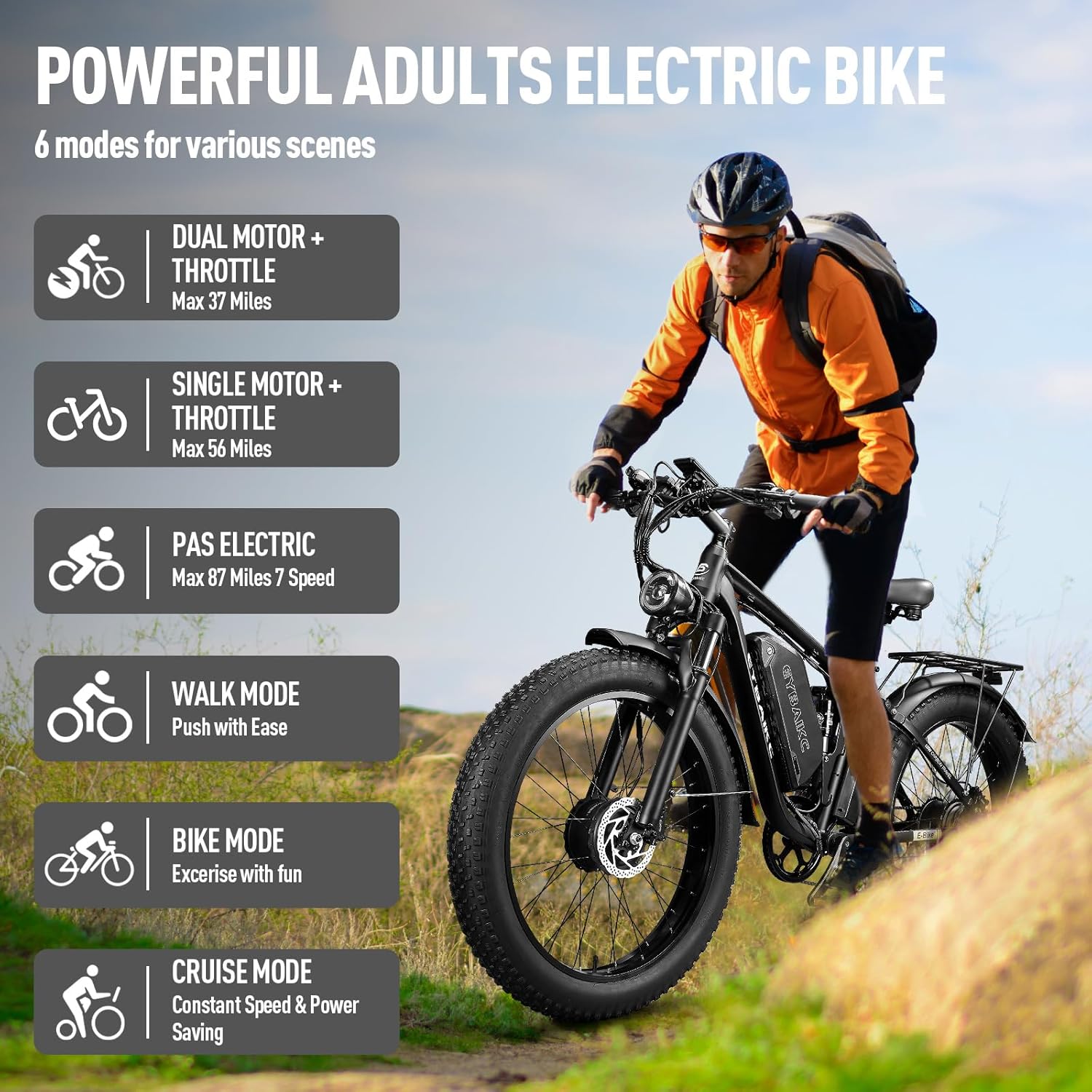 EYBAIKC Electric Bike for Adults,Peak 3000W Brushless Dual Motor Ebike,52V23AH Electric Bicycle 26X4Fat Tire,Max Speed 37Mph E-Bike,Dual Hydraulic Disc Brake Electric Mountain Bike for Men Women