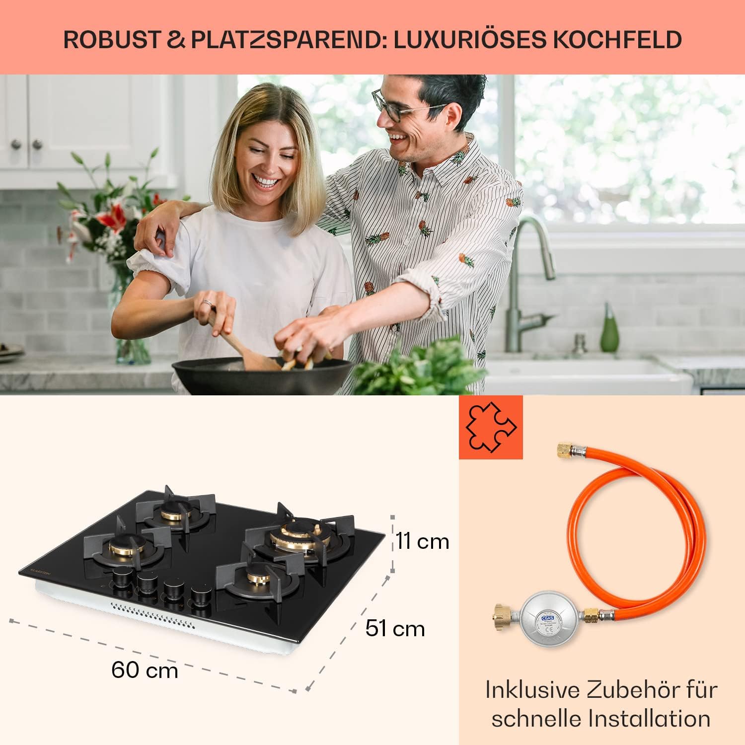 Klarstein Gasherd, Gaskochfeld 4 Flammig, Einbau-Gaskocher für Zuhause & Wohnmobil, Campingkocher mit Glasplatte, Gasherd für Propan- und Erdgas, Edelstahl Gas-Herdplatte Wok Brenner 8000 Watt