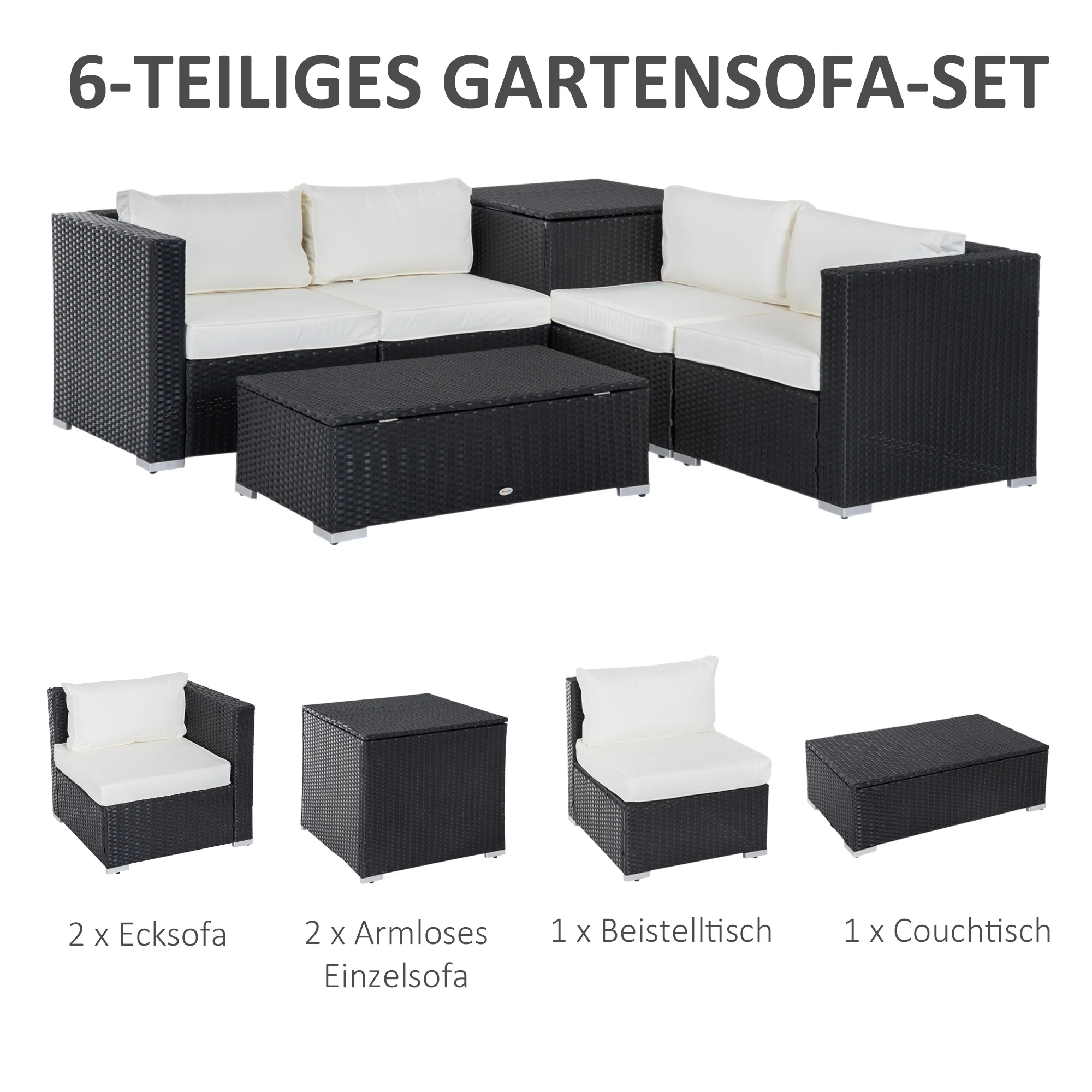 Outsunny tuinmeubels 6-delig Staal zwart + crème