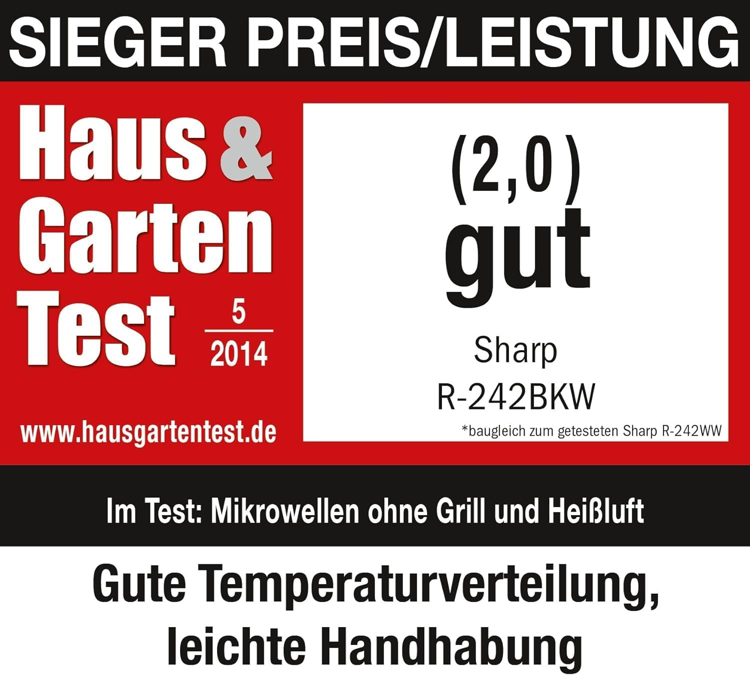 Sharp R242BKW Solo-Mikrowelle / 20 L / 800 W / 5 Leistungsstufen / 8 Automatikprogramme / Gewicht und zeitgesteuerte Auftauen / Kindersicherung / Energiesparmodus / Glasdrehteller (25,5 cm) / schwarz