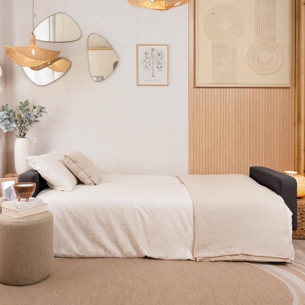 Don Descanso, Sofá Cama 3 plazas Reine, Tapizado en Tela, Sistema Apertura de Libro o Clic-clac, Medida sofá: 201x73x79 cm, Medida Cama: 201x99x42 cm, Incluye 2 Cojines, Gris Marengo