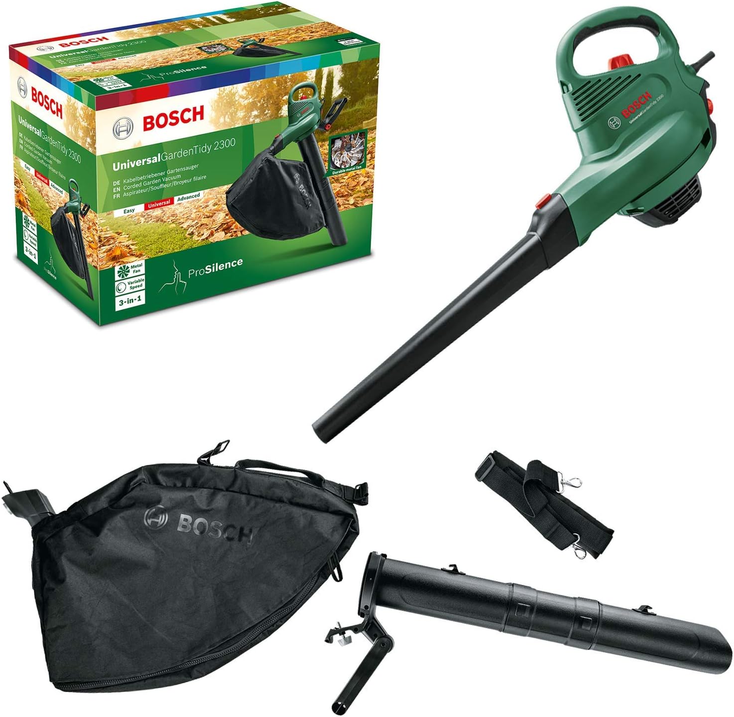 Bosch elektrischer Laubsauger/Laubblser UniversalGardenTidy 3000 (3000 W, Fangsack 50 l, stufenlose Drehzahleinstellung, zum Blasen, Saugen und Hckseln von Laub, in Kartonverpackung)