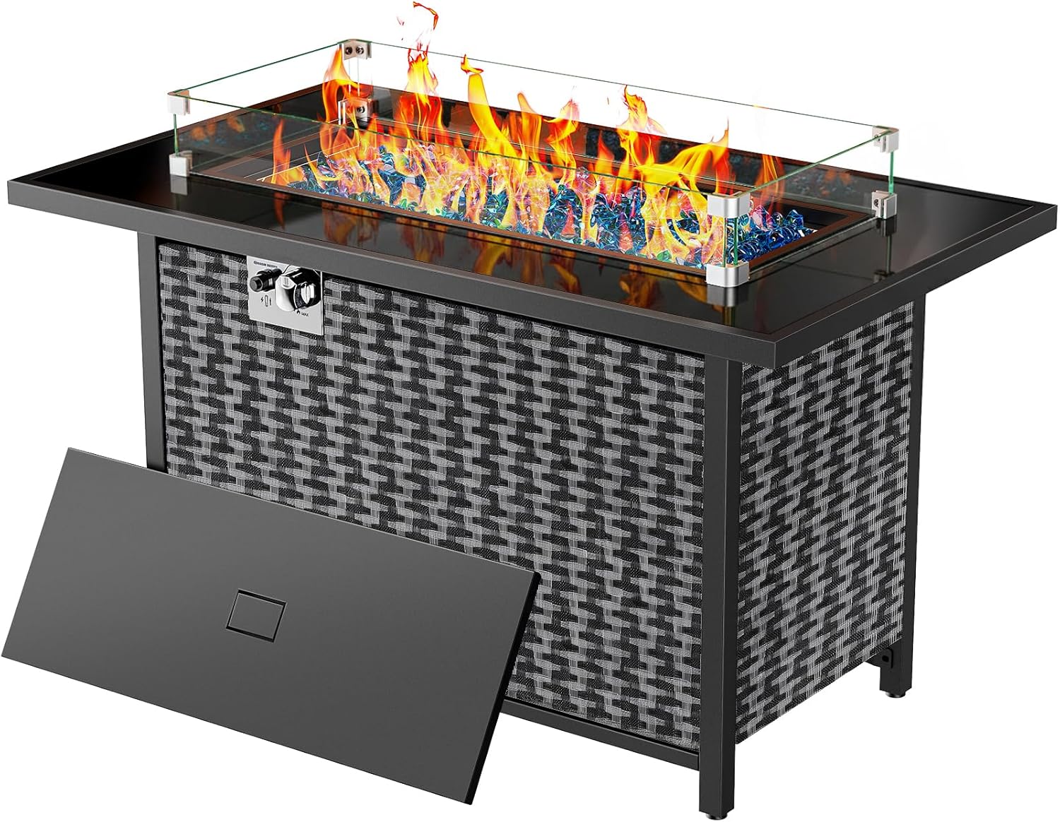Ciays 43�� Propane Fire Pit with Glass Wind Guard, CSA-Listed 60,000 BTU Outdoor Gas Fire Pit Table, Tempered Glass Top, Glass Rocks,Lid, Adjustable Legs, Fire Table for Patio, Garden & Party, Black