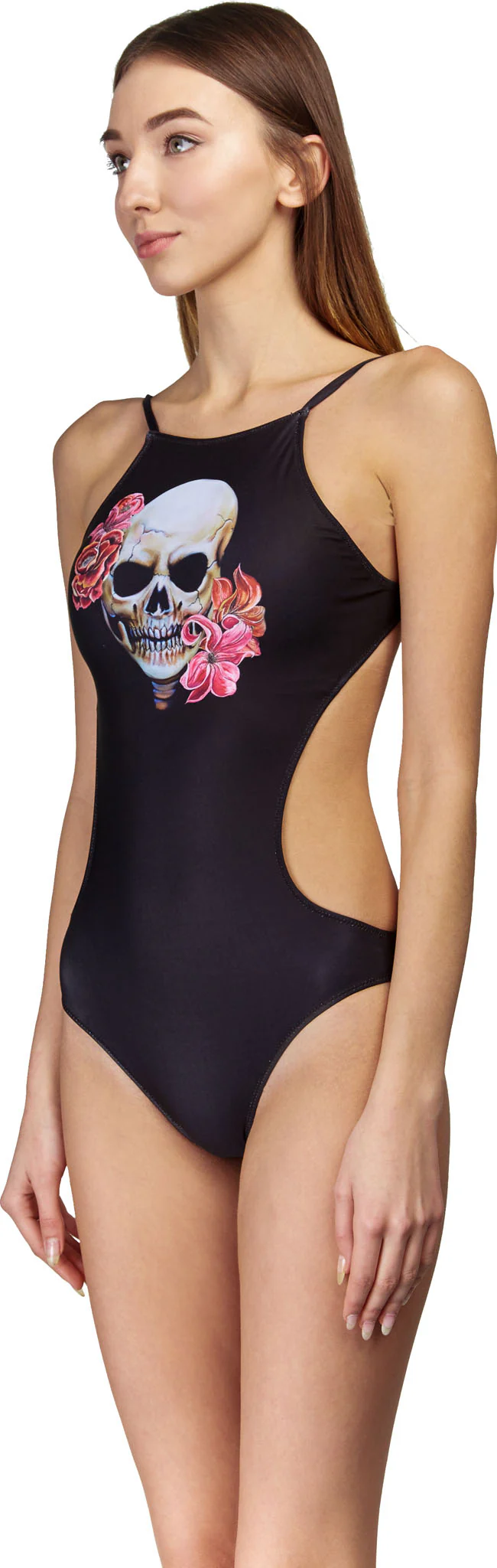 Monokini, no cups, extreme bare back and thin straps 'Skull' swimwear