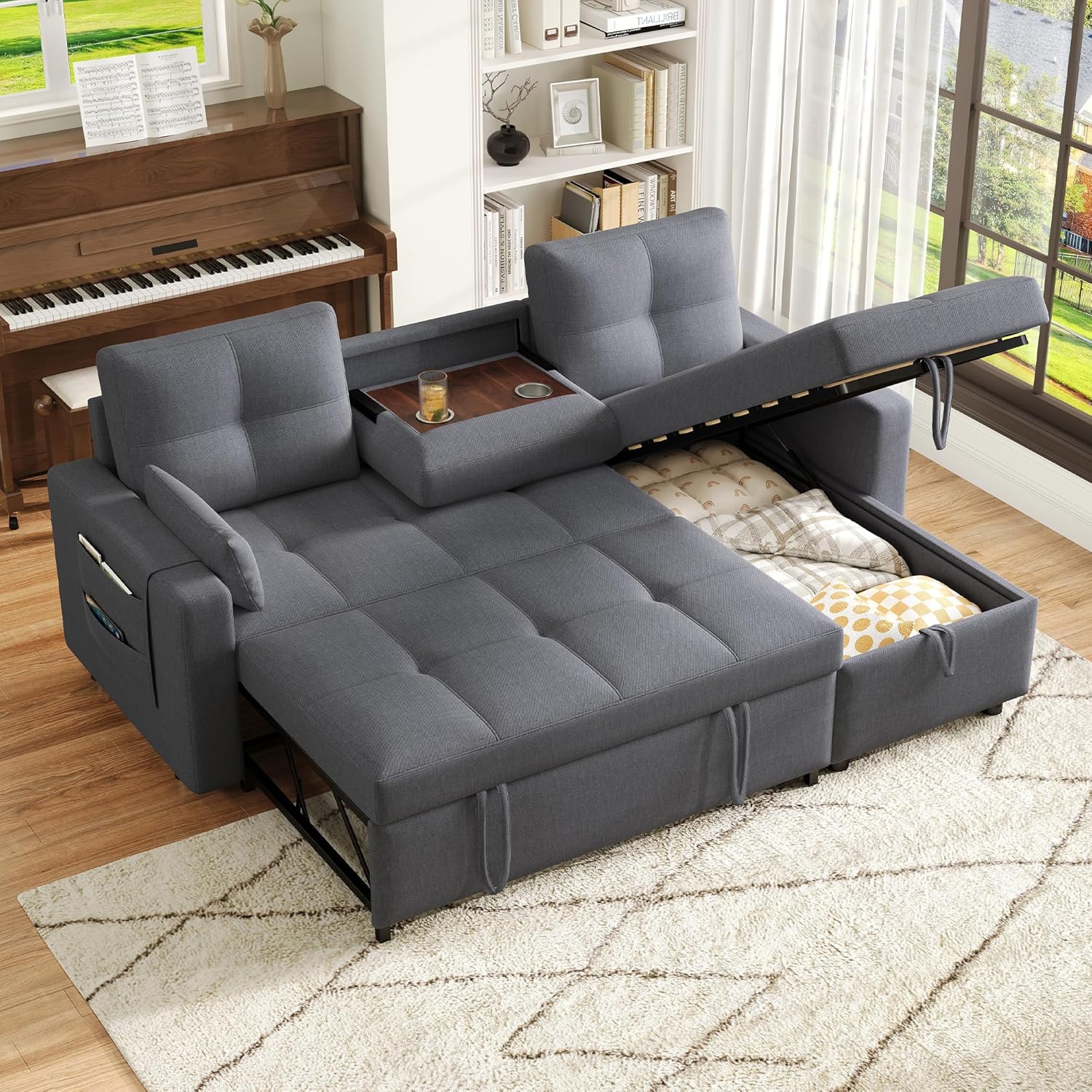 Sapgaks Sofá cama doble de esquina, sofá cama plegable y sofá cama de 3 plazas con función de dormir, en forma de L, todos equipados con espacio de almacenamiento, color gris