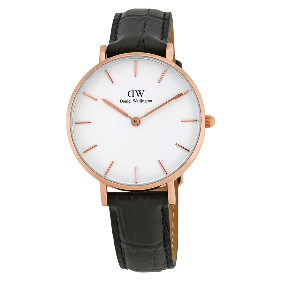 Daniel Wellington Reading 32mm White Dial Black Genuine Leather Women's Gold Watch - DW00100173