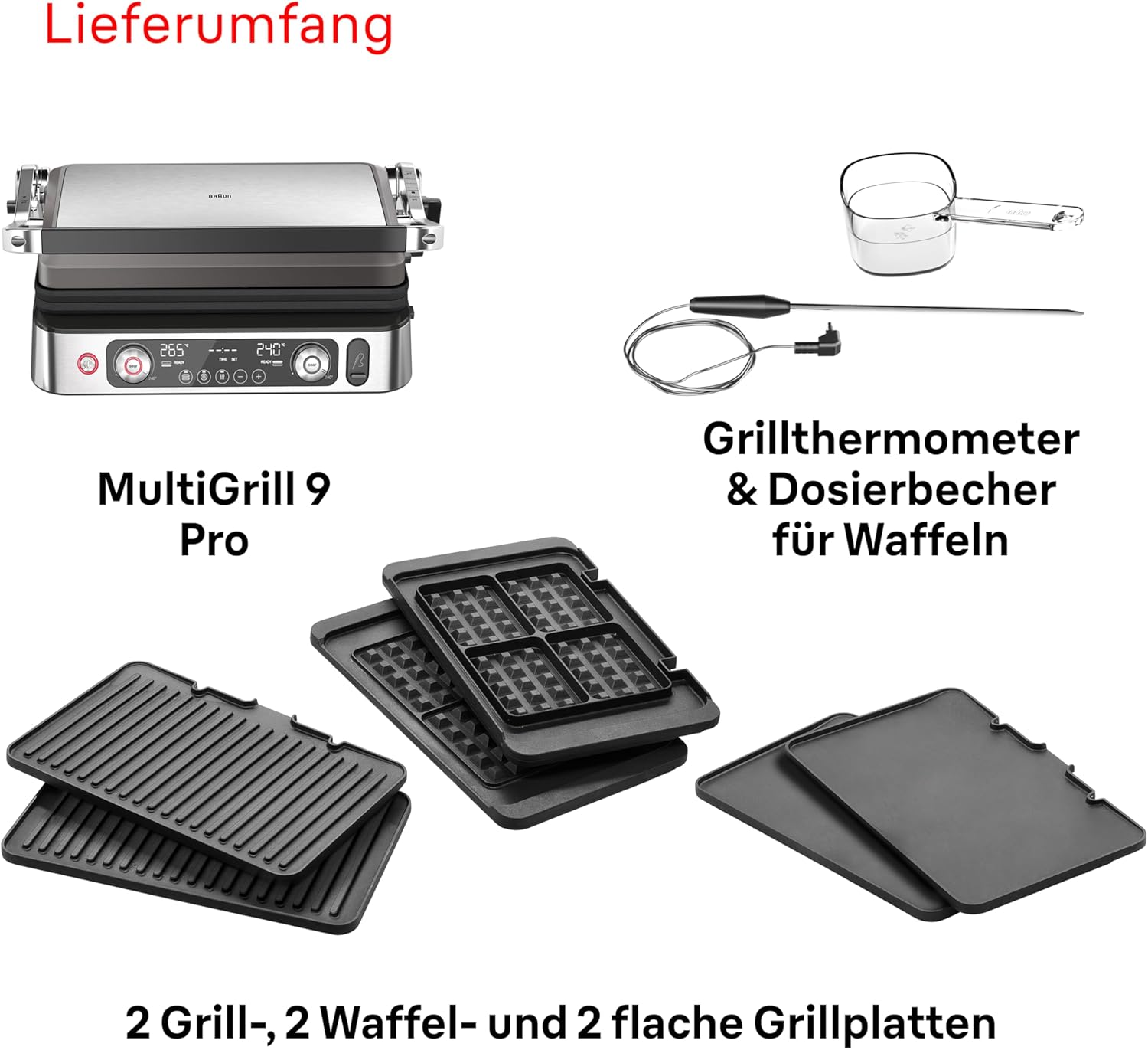 Braun MultiGrill 9 Pro CG 9160, Elektrogrill mit 2 unabhängigen Thermostaten, 3 Kochpositionen, spülmaschinenfeste Platten, integrierte Thermosonde, 2200 W, Schwarz/Edelstahl