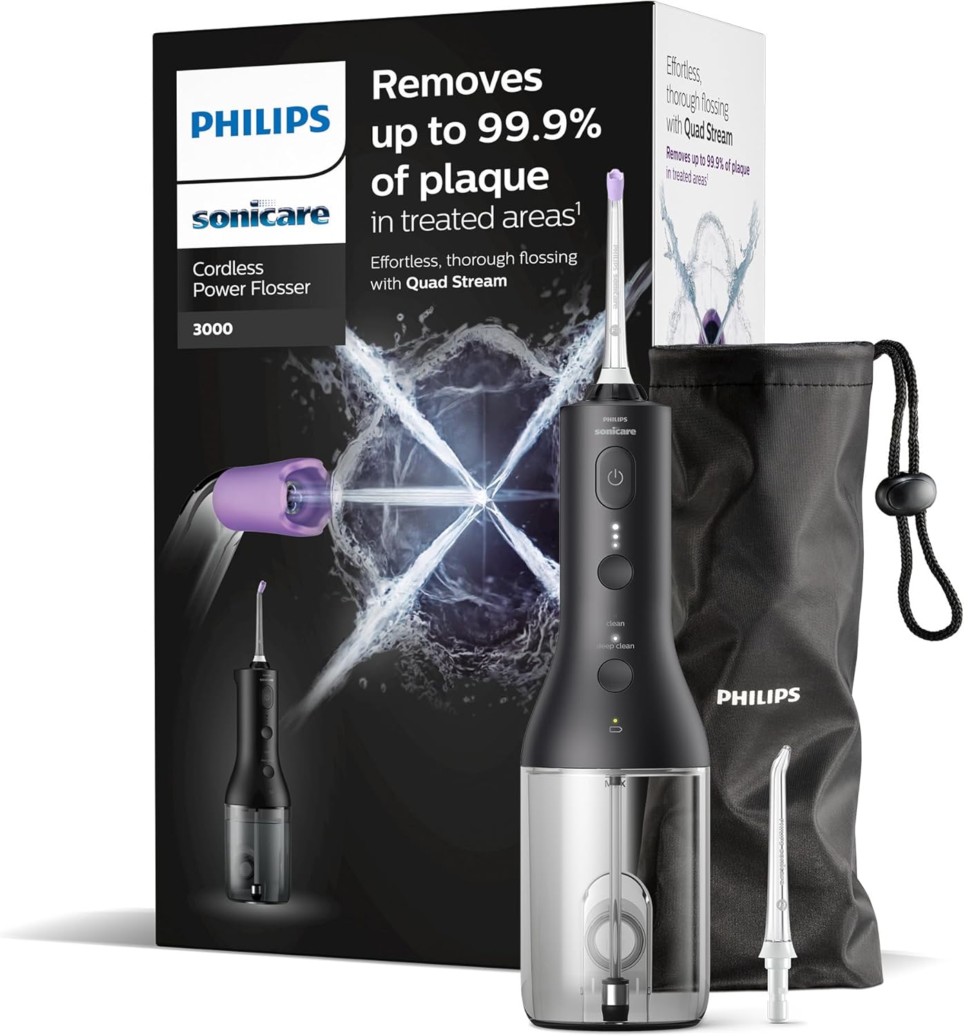 Philips Sonicare trådlös Power Flosser 3000 mundusch, vattenflops för tänder, tandkött och tandvård, i svart (modell HX3826/33)