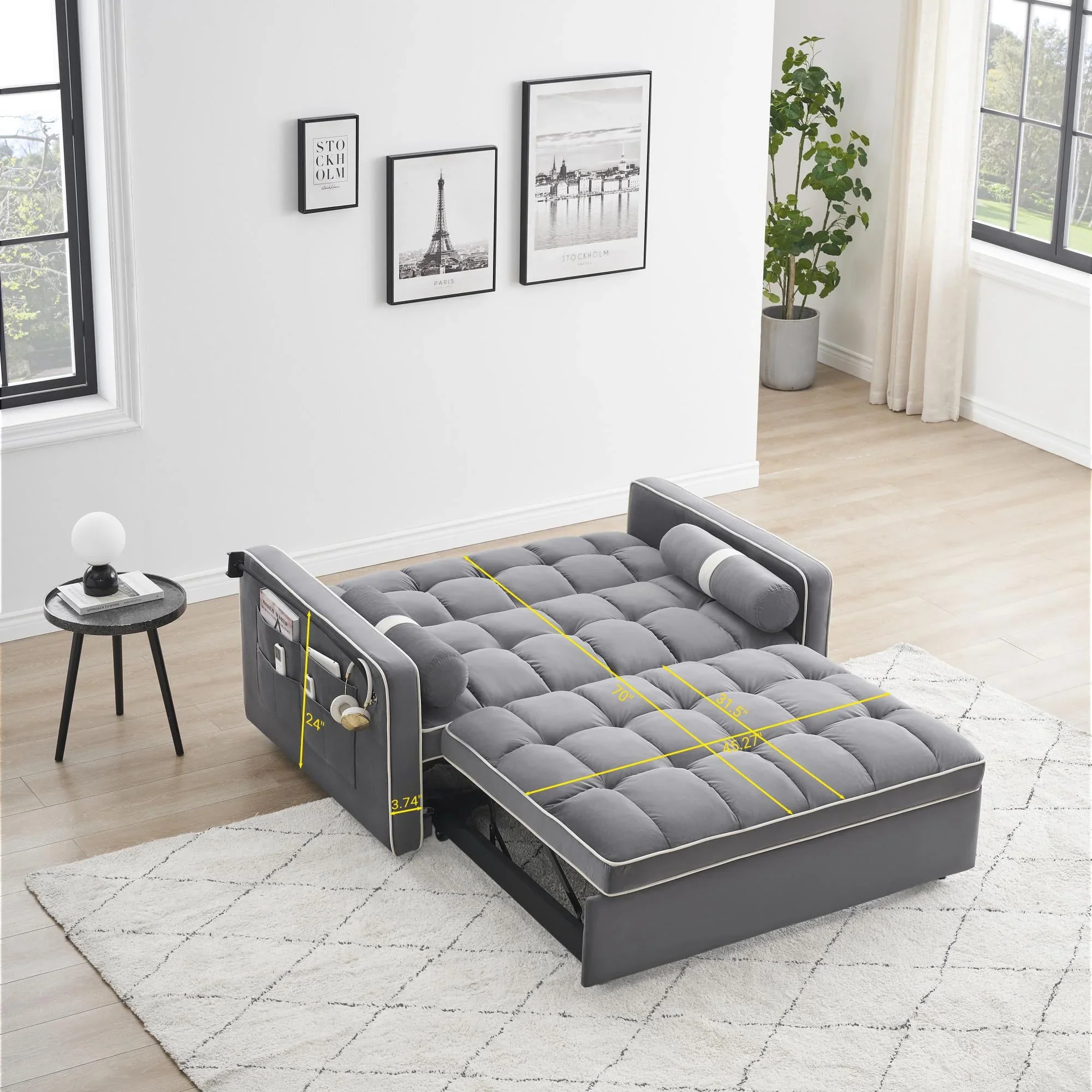 3 in 1 Sleeper Sofa Couch Bed,for Living Room Apartment,Grey