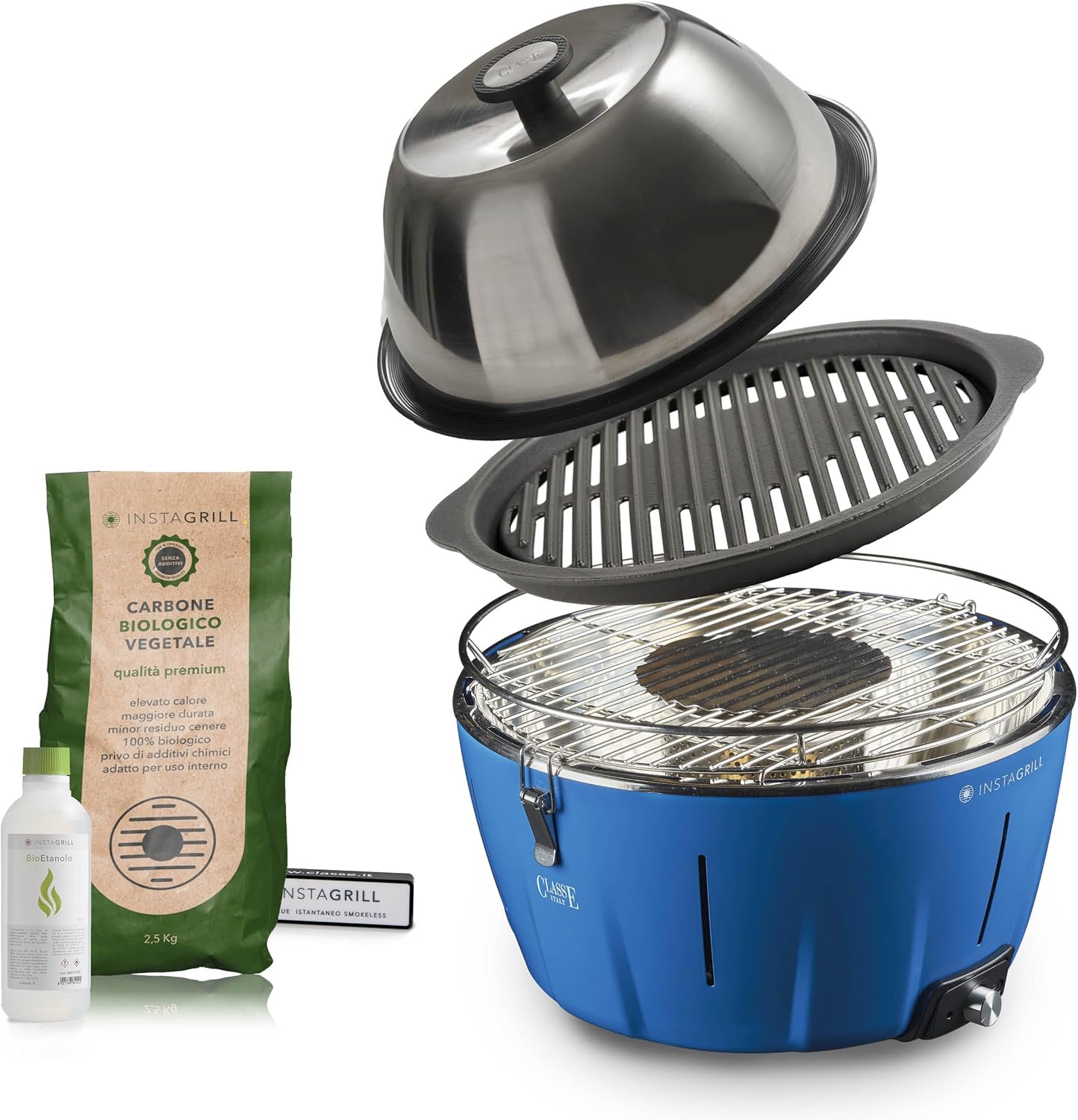 InstaGrill | Barbecue a carbonella con Coperchio e Griglia in Ghisa. Da Balcone, Portatile. Include Batteria Ricaricabile, Carbone e Gel per accensione. PRO Blu Oceano