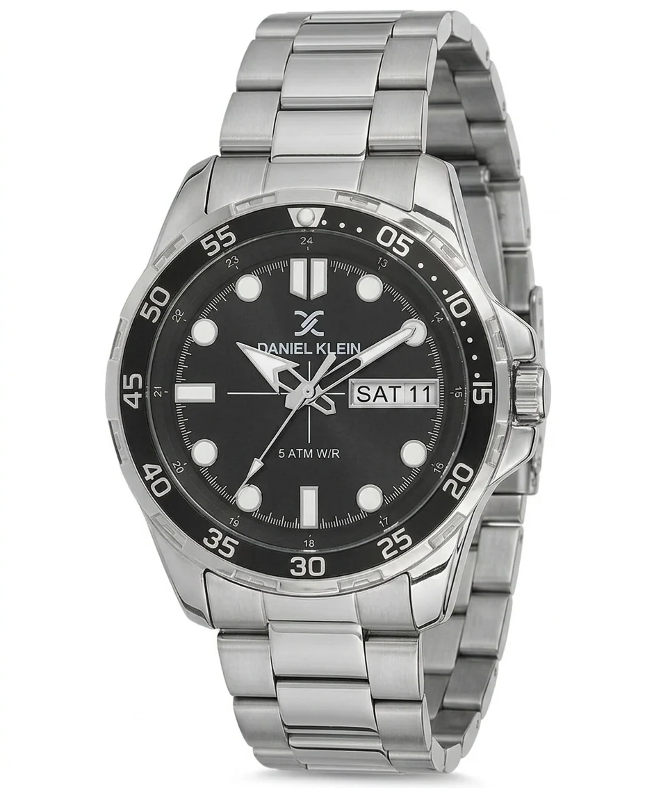 Daniel Klein Premium Day Date Window Black Dial Silver Watch - DK.1.13884-1