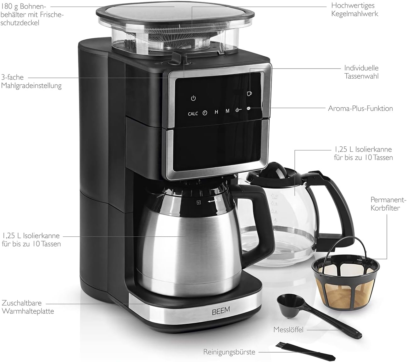 BEEM FRESH-AROMA-PERFECT III Filterkaffeemaschine mit Mahlwerk - Duo | Mit Thermos- & Glaskanne | Aroma-Plus-Funktion | 24-H-Timer | 1000 W | für bis zu je 10 Tassen [Edelstahl]