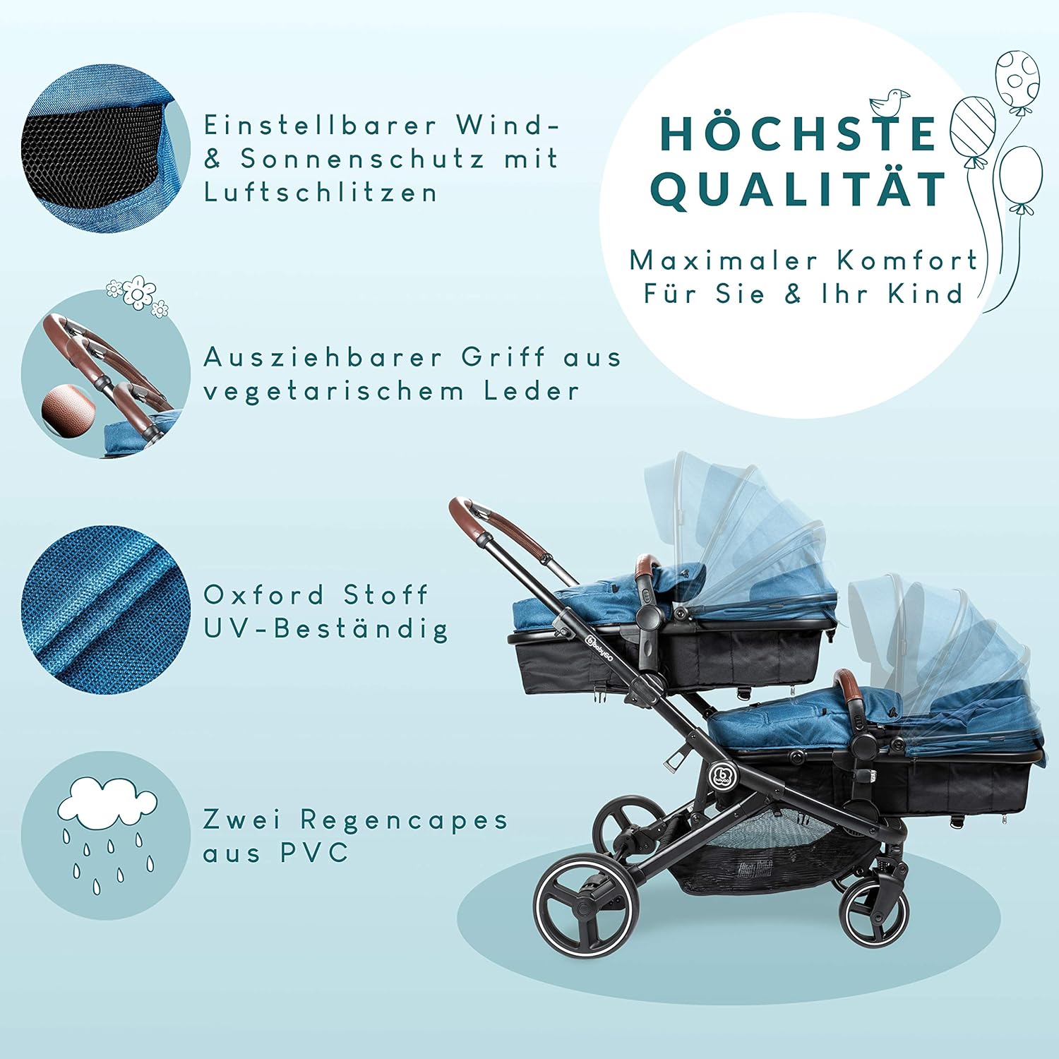 babyGO Kinderwagen 3 in 1 für Zwillinge - Geschwisterkinderwagen/Geschwisterwagen für Babys - Zwillingskinderwagen/Zwillingswagen für 2 Kinder mit viel Zubehör (Blau Melange-ohne Babyschale)