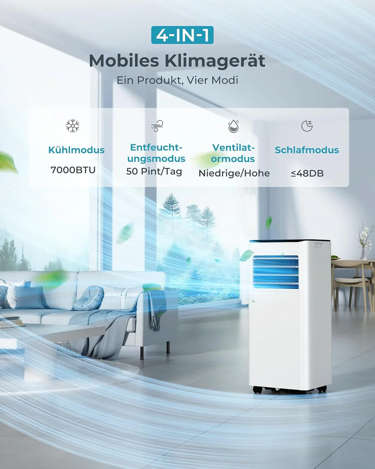 Mobile Klimaanlage 9000 BTU mit Abluftschlauch | 4-in-1 Mobiles Klimagerät | Leiser Betrieb