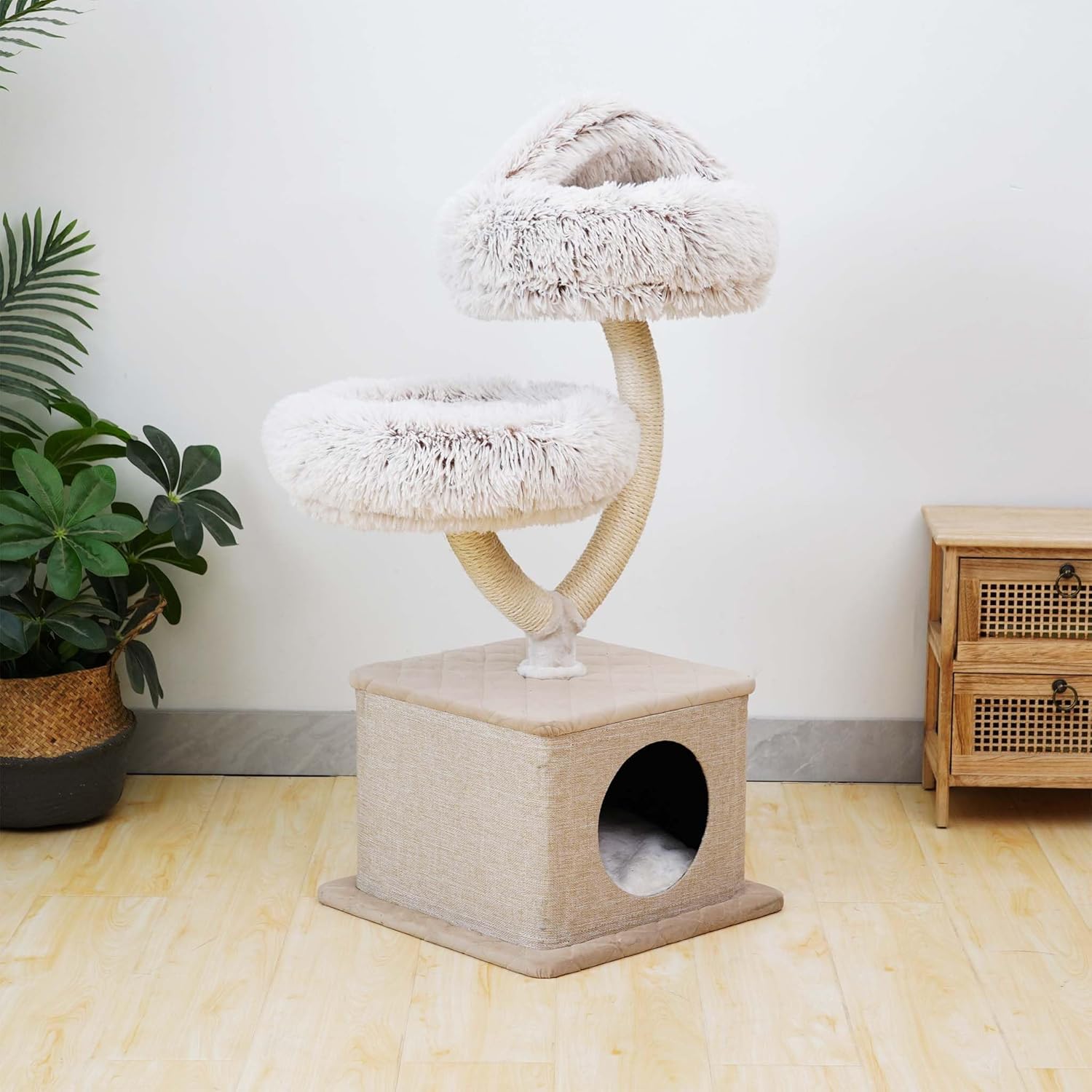 Fudajo Designer Kratzbaum in Zweigdesign 130 cm hoch, Katzenkratzbaum mit Plüsch und Sisal, Kletterbaum für Katzen, Katzenbaum mit Hängeliege