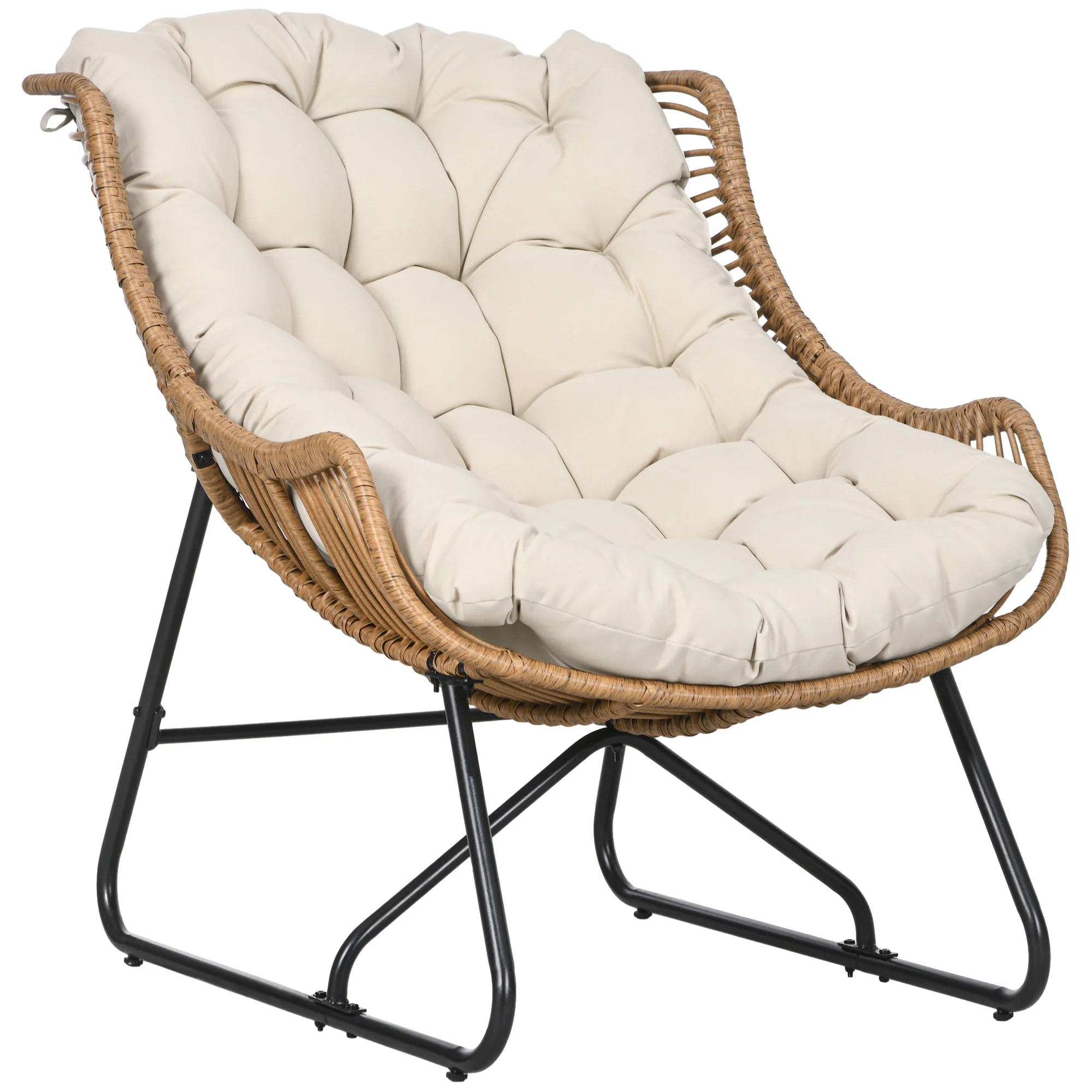 Outsunny Tuin Lounge, Rotan look, Buitensstoel, met Kussen, Metalen frame, 75x101x90 cm, Natuur/Khaki/Zwart