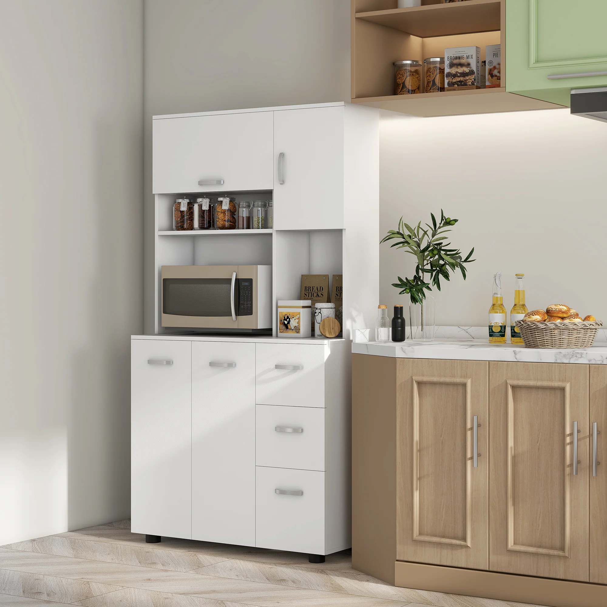 HOMCOM Keukenkast, Buffet, 3 Laden, 3 Planken, Veel Opbergruimte, 89x39,5x168cm, Wit
