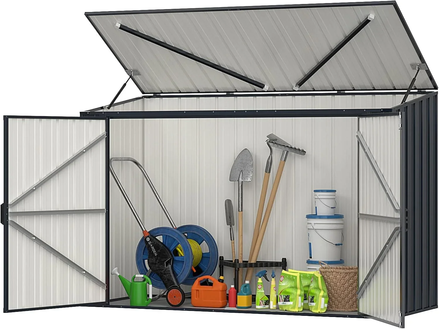 2026 GOPLUS 1,9 m³ Caseta de Jardín de Acero Galvanizado, 193 x 86 x 127 cm, Cobertizo Exterior con Doble Puerta con Cerraduras, Palanca Hidráulica, Casa para Herramientas, Bicicletas, Cubos de Basura