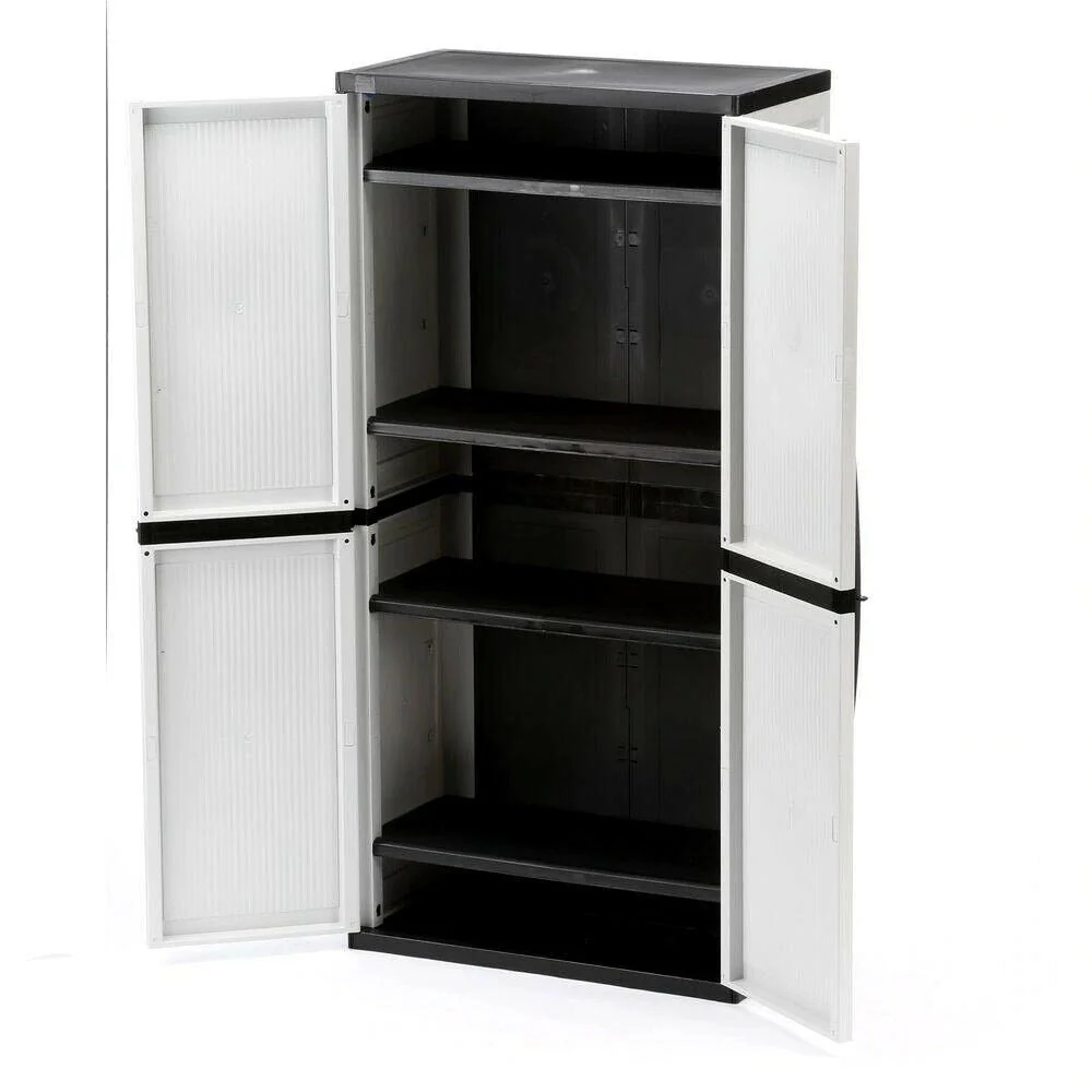 Freestanding garage cabinet made of grey plastic, model 2025, 89 cm W x 180 cm H x 46 cm D, with adjustable shelves and lockable doors.