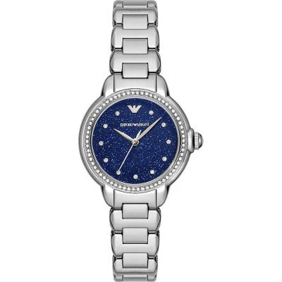 Emporio Armani Mia Three Hand Crystals Blue Dial Silver Steel Strap Watch For Women - AR11630