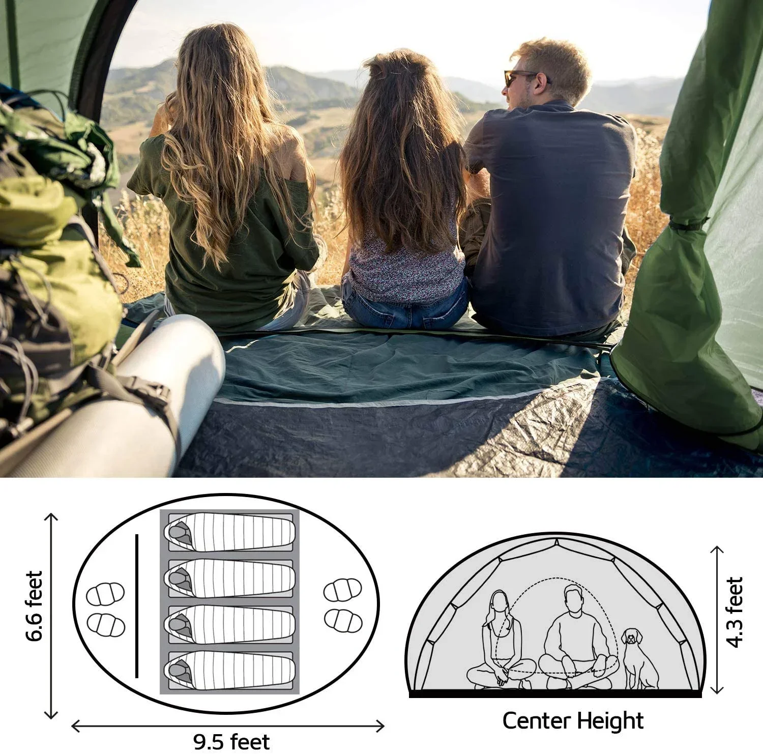 4 Person Easy Pop Up Tent,9.5-X6.6-X52'',Waterproof, Automatic Setup,2 Doors-Instant Family Tents for Camping, Hiking & Traveling