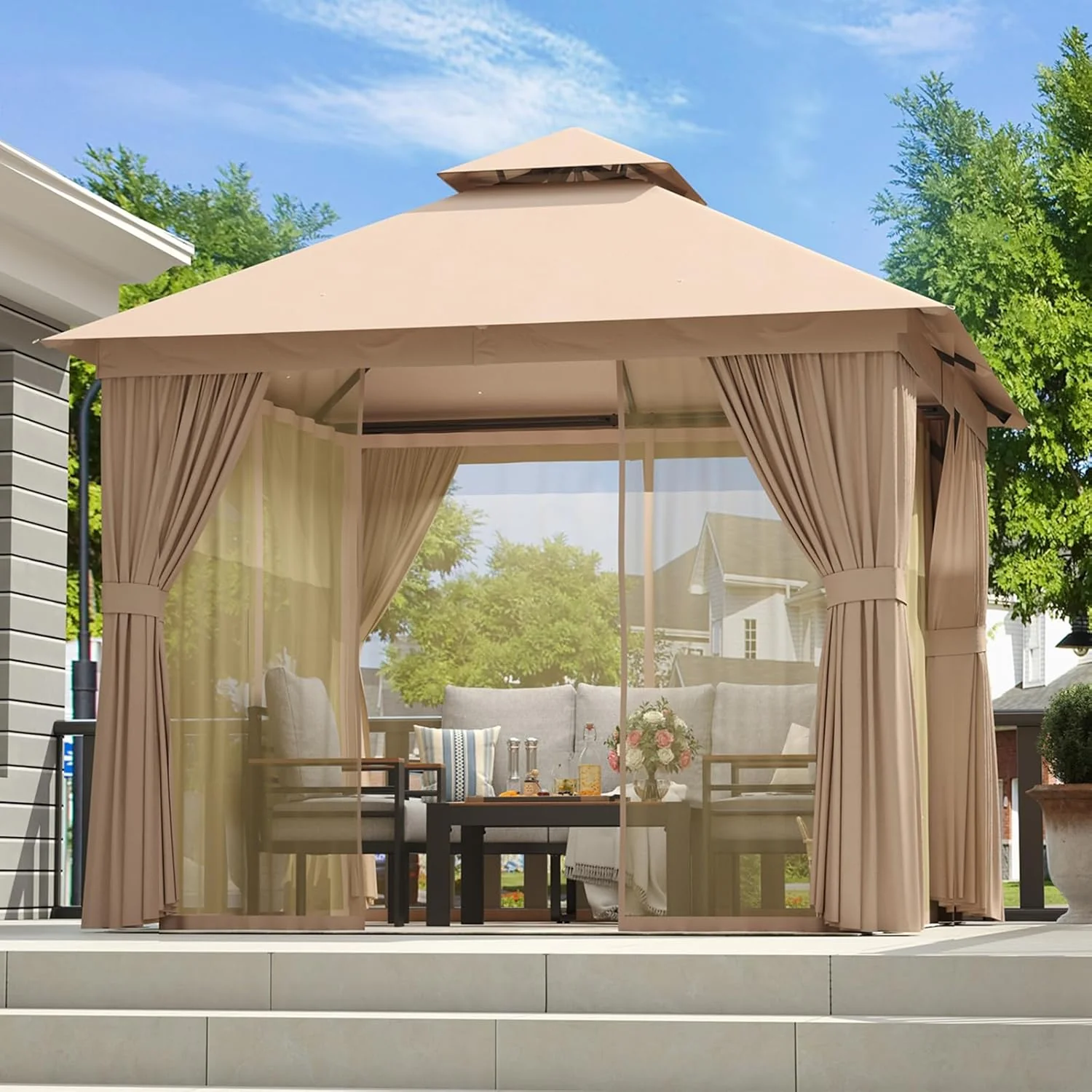 Aoxun Outdoor Gazebo for Patio 10x12, Metal Frame Canopy with Double Roofs, Heavy Duty Party Tent and Shelter with Mosquito Netting and Privacy Screen for Backyard, Lawn, Garden, Deck