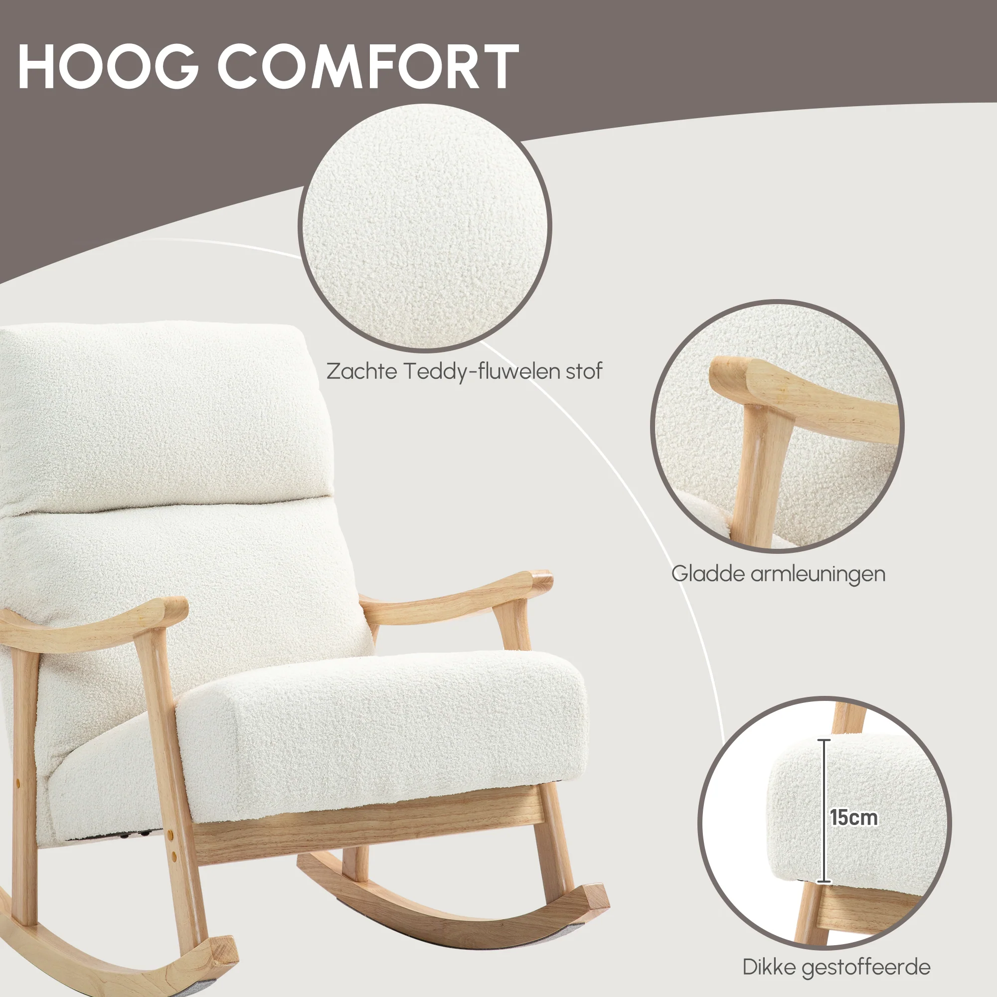 HOMCOM Schommelstoel met Fluweelachtige Bekleding, Ergonomische Rugleuning, Belastbaar tot 120 kg, 65B x 90T x 98H cm, Roomwit