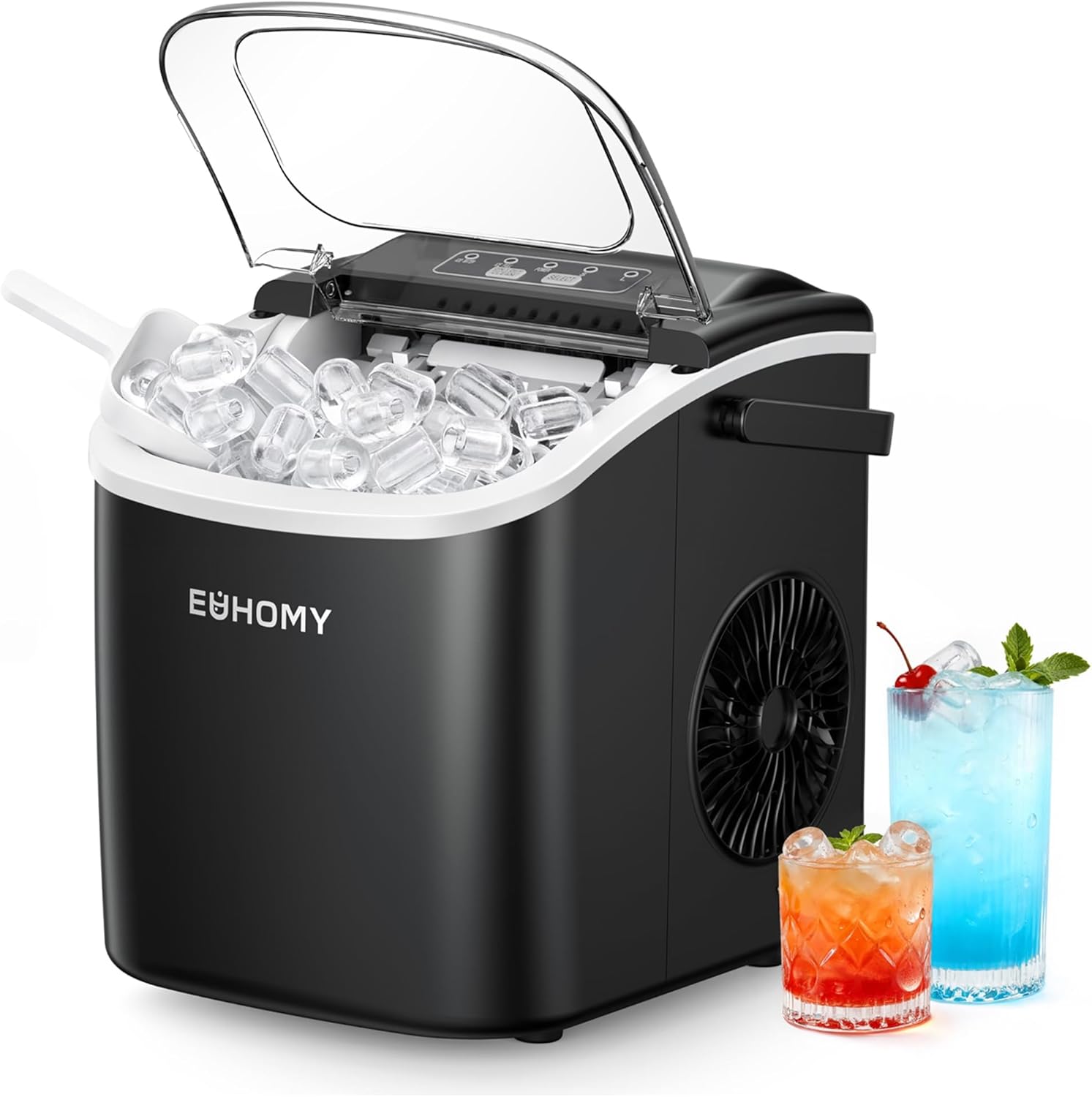 EUHOMY Eiswürfelmaschine Klein, 12KG Eiswürfelbereiter Ice Maker, 9 Würfel in 6 Minuten fertig, Schwarz Eiswürfelmaschine mit Tragbarem Griff, 12KG/24H, Selbstreinigendes Eiswürfelmaschinen