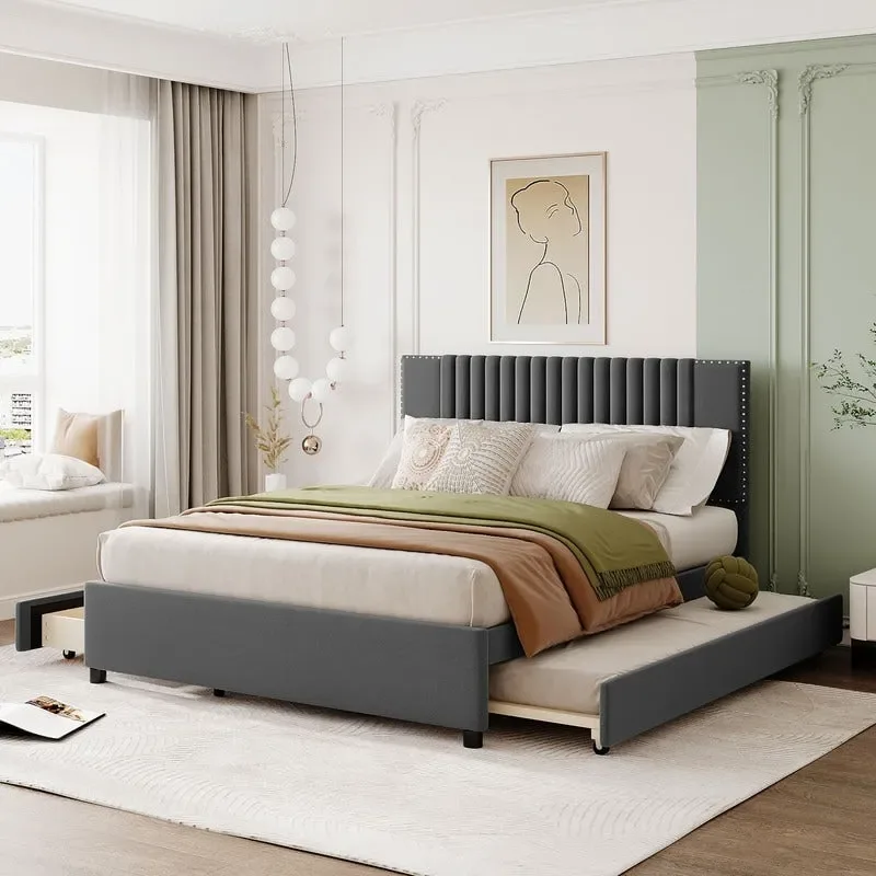 Upholstered Platform Bed with Storage Drawers and Trundle Bed
