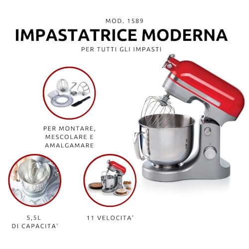 Ariete 1589 Impastatrice Planetaria Moderna, 1600 Watt, 11 velocità, 5.5 Litri, 3 accessori per impastare, amalgamare e montare. Rosso : Amazon.it: Casa e cucina