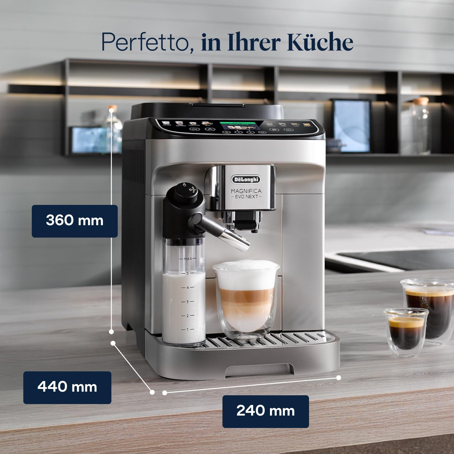 De’Longhi Magnifica Evo Next - Perfetto Kaffeevollautomat mit LatteCrema-Milchaufschäumer, 13 One-Touch-Getränke, Coffee- und Cappuccino Kaffeemaschine, farbiges Touch-Display, Titan (ECAM312.80.SB)