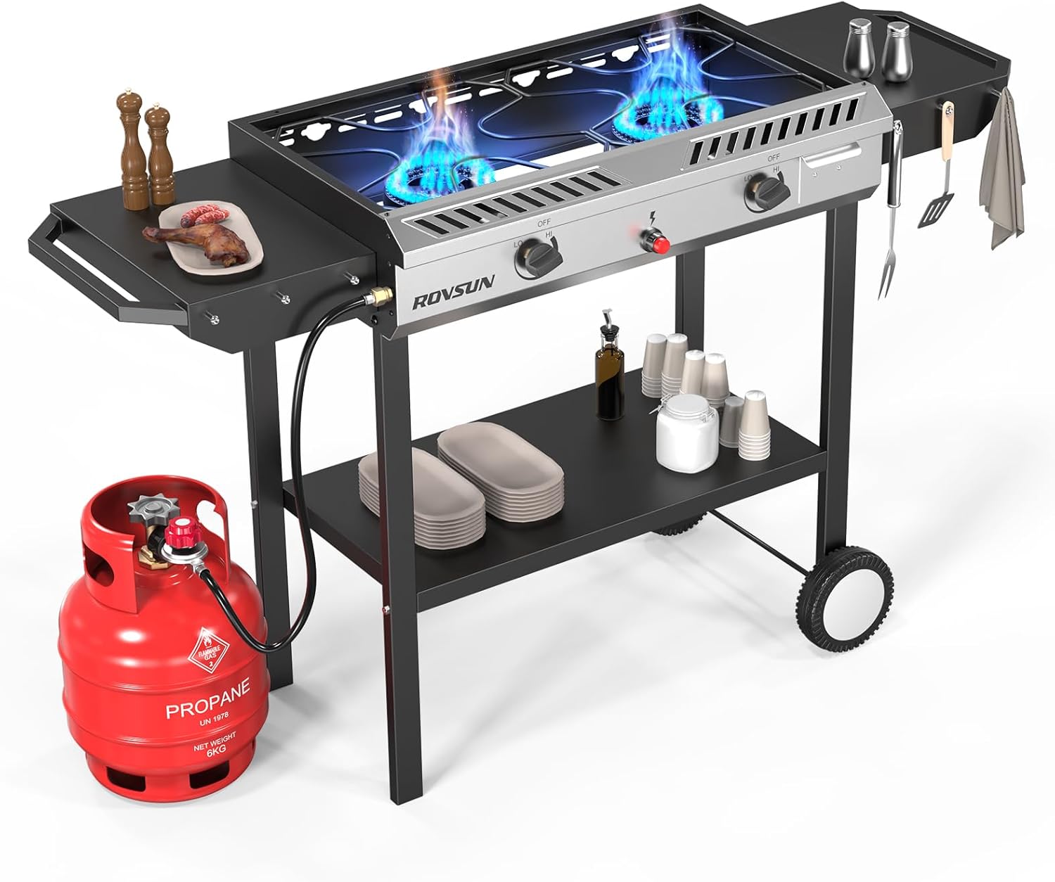 2 Burner Outdoor Propane Gas Stove with Griddle, Auto-ignition, Regulator & Side Shelves, 150,000 BTU Powerful Stand Cooker for Backyard Cooking Home Brewing Canning Frying Grilling